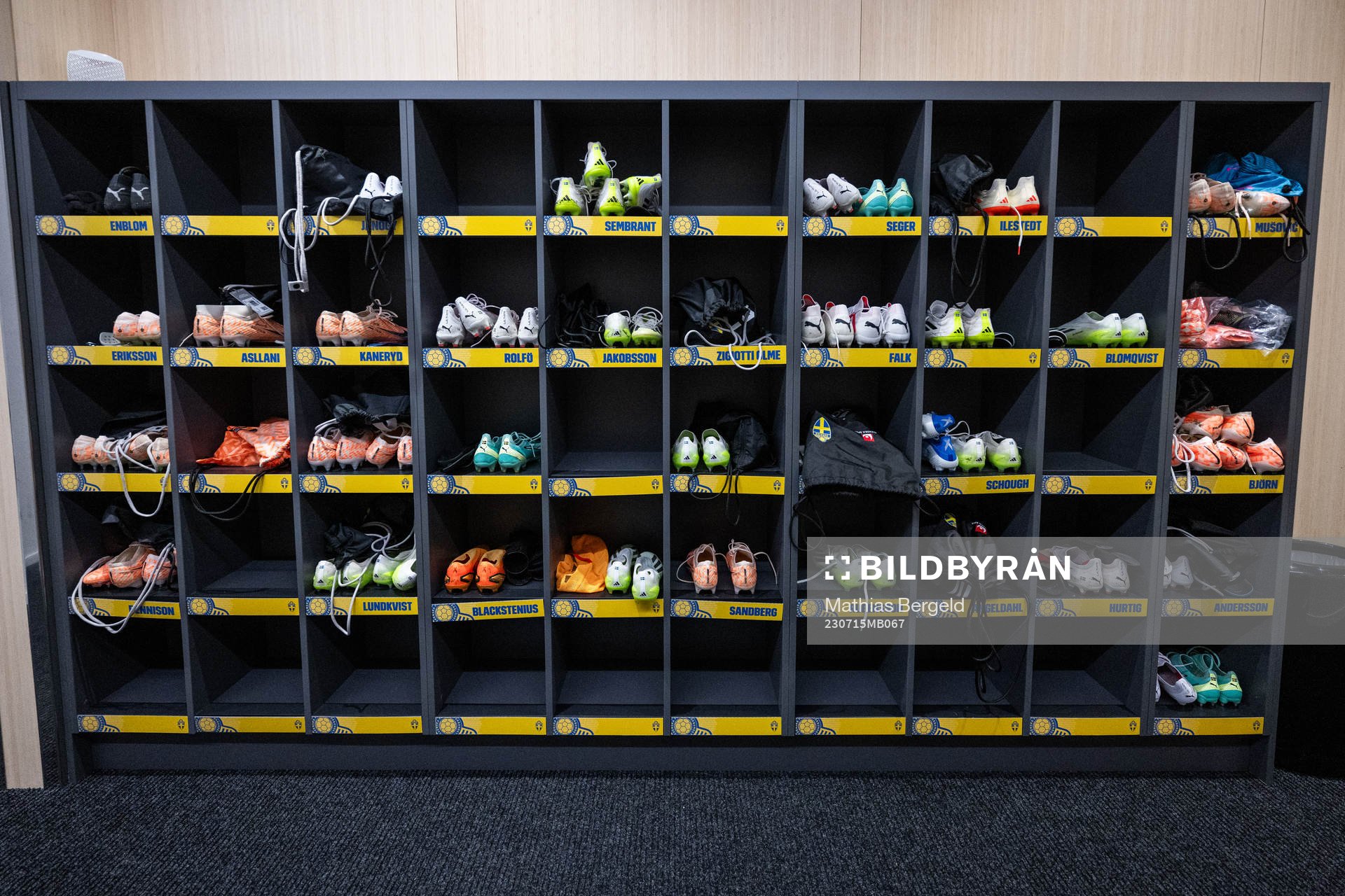Football shoes belonging to players of Sweden in shelves