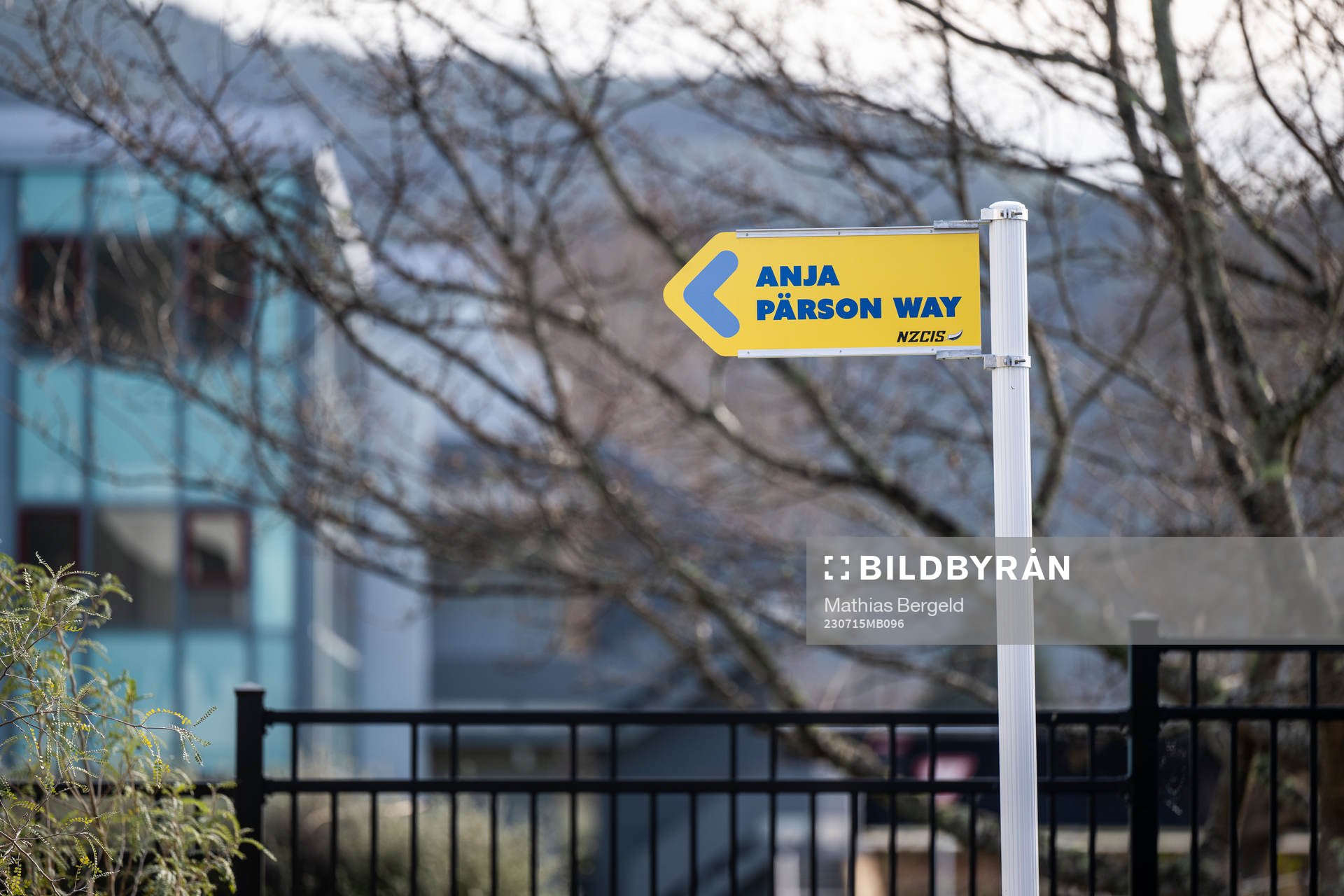A road sign which reads ”Anja Pärson Way” (named after the Swedish alpine skier) during a tour of the Swedish women's national football teams base camp ahead of the FIFA Women's World Cup on July 15, 2023 in Upper Hutt.