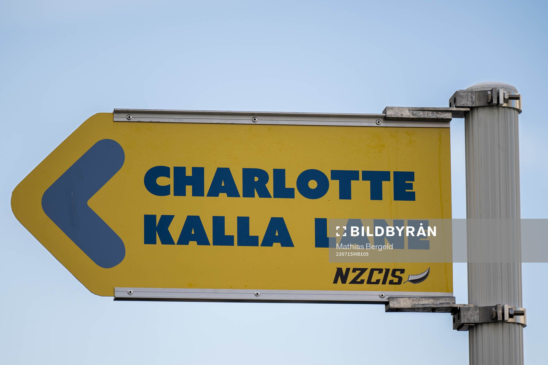 A road sign which reads ”Charlotte Kalla Lane” (named after the Swedish cross country skier) during a tour of the Swedish women's national football teams base camp ahead of the FIFA Women's World Cup on July 15, 2023 in Upper Hutt.