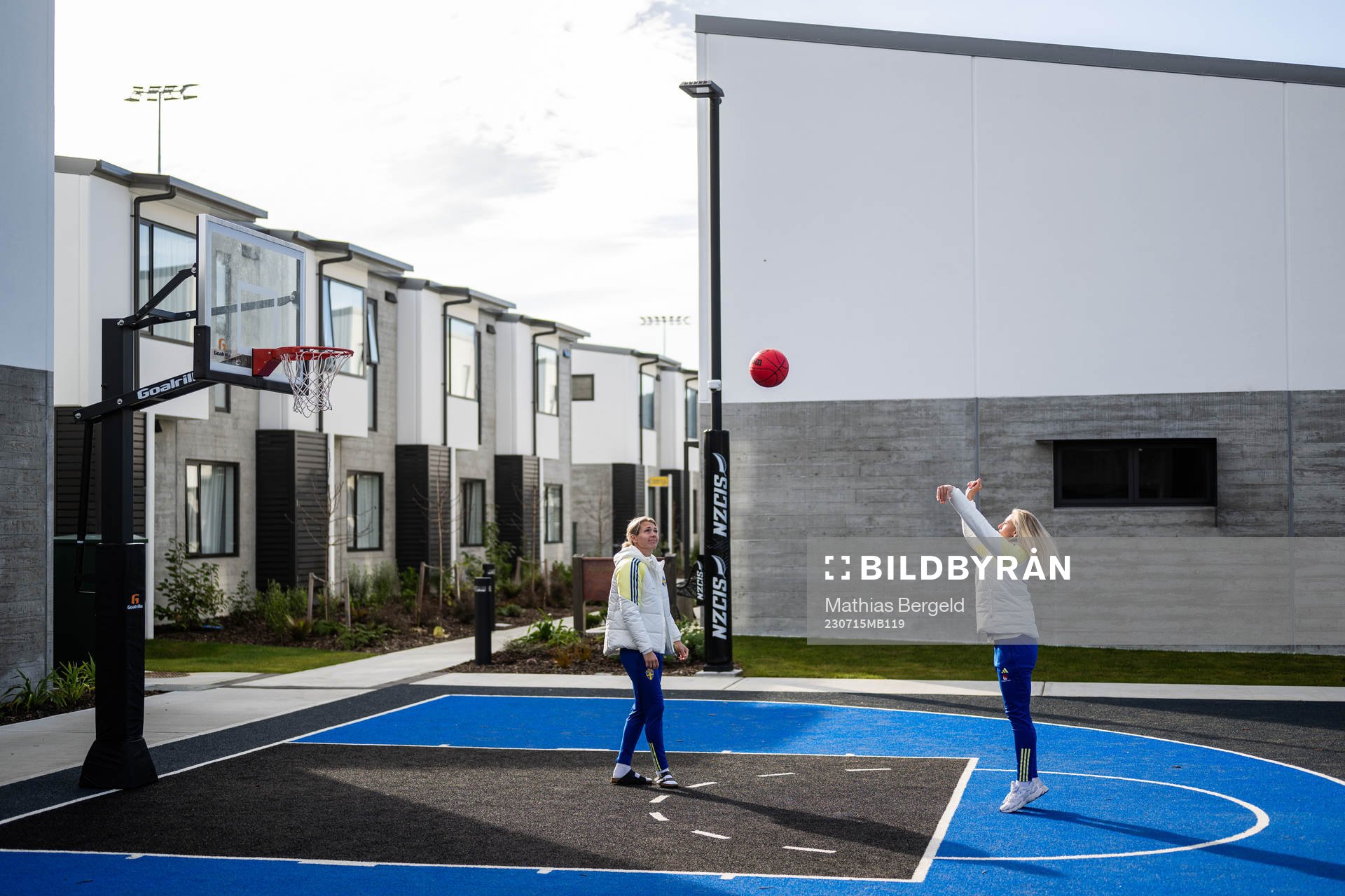 Goalkeeper Jennifer Falk and Rebecka Blomqvist play basket ball during a tour of the Swedish women's national football teams base camp ahead of the FIFA Women's World Cup on July 15, 2023 in Upper Hutt.