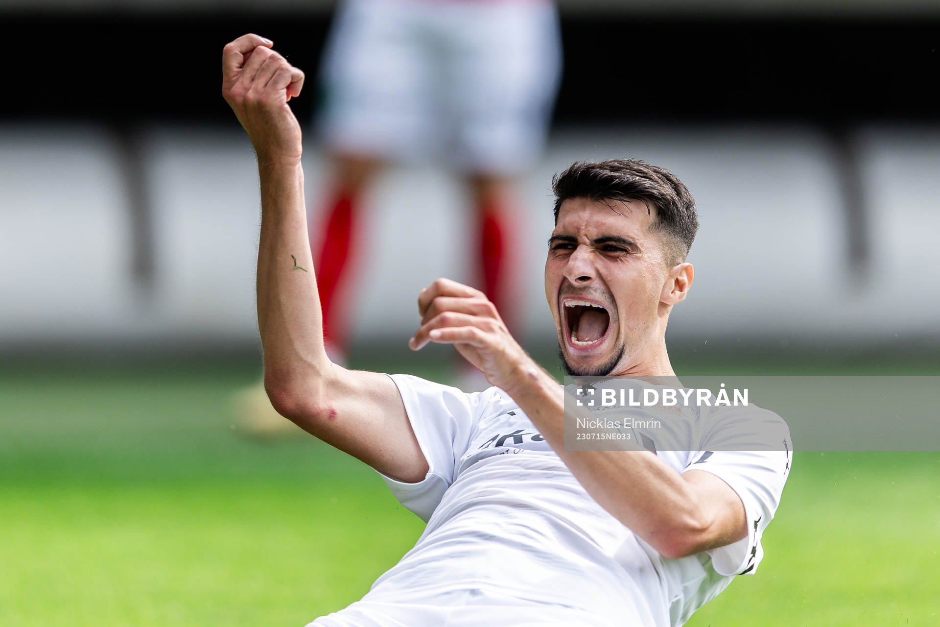 Helsingborgs Amar Muhsin jublar efter 2-1 under fotbollsmatchen i Superettan mellan Örgryte och Helsingborg den 15 juli 2023 i Göteborg.