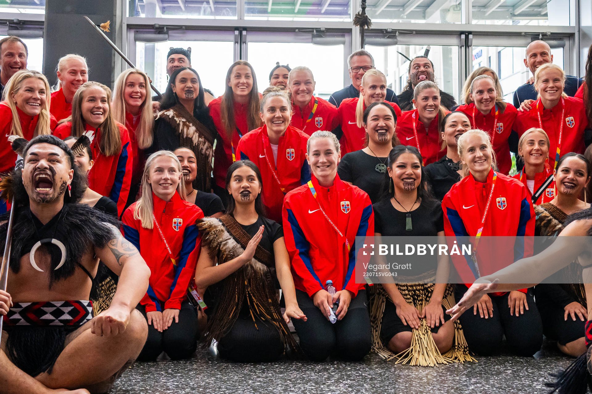 Thea Bjelde, Vilde Bøe Risa, Elisabeth Terland, Amalie Eikeland and players of the Norwegian women’s national football team pose for a picture during a welcome ceremony ahead of the FIFA Women's World Cup on July 15, 2023 in Auckland.