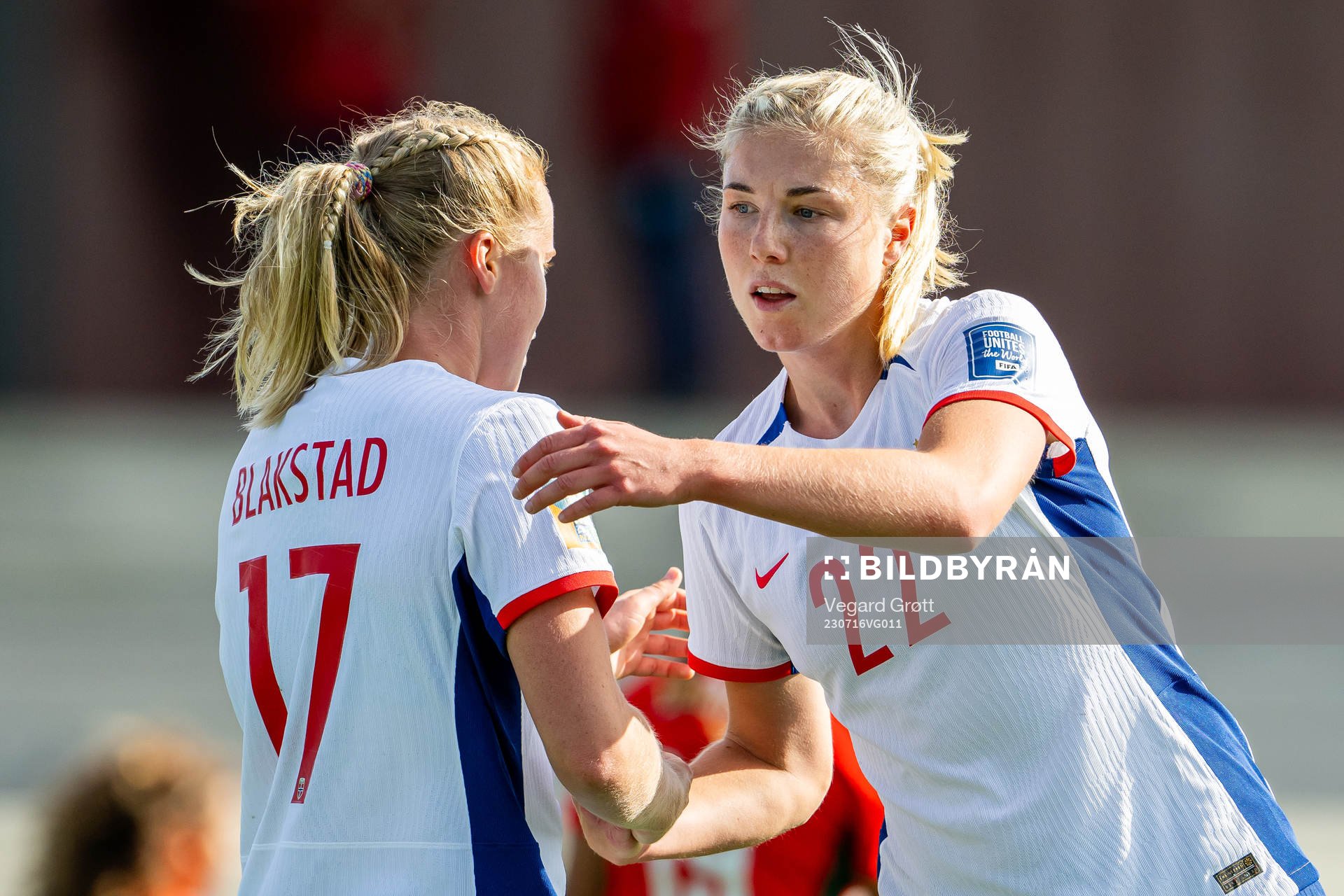 Sophie Román Haug of Norway celebrates with teammate Julie