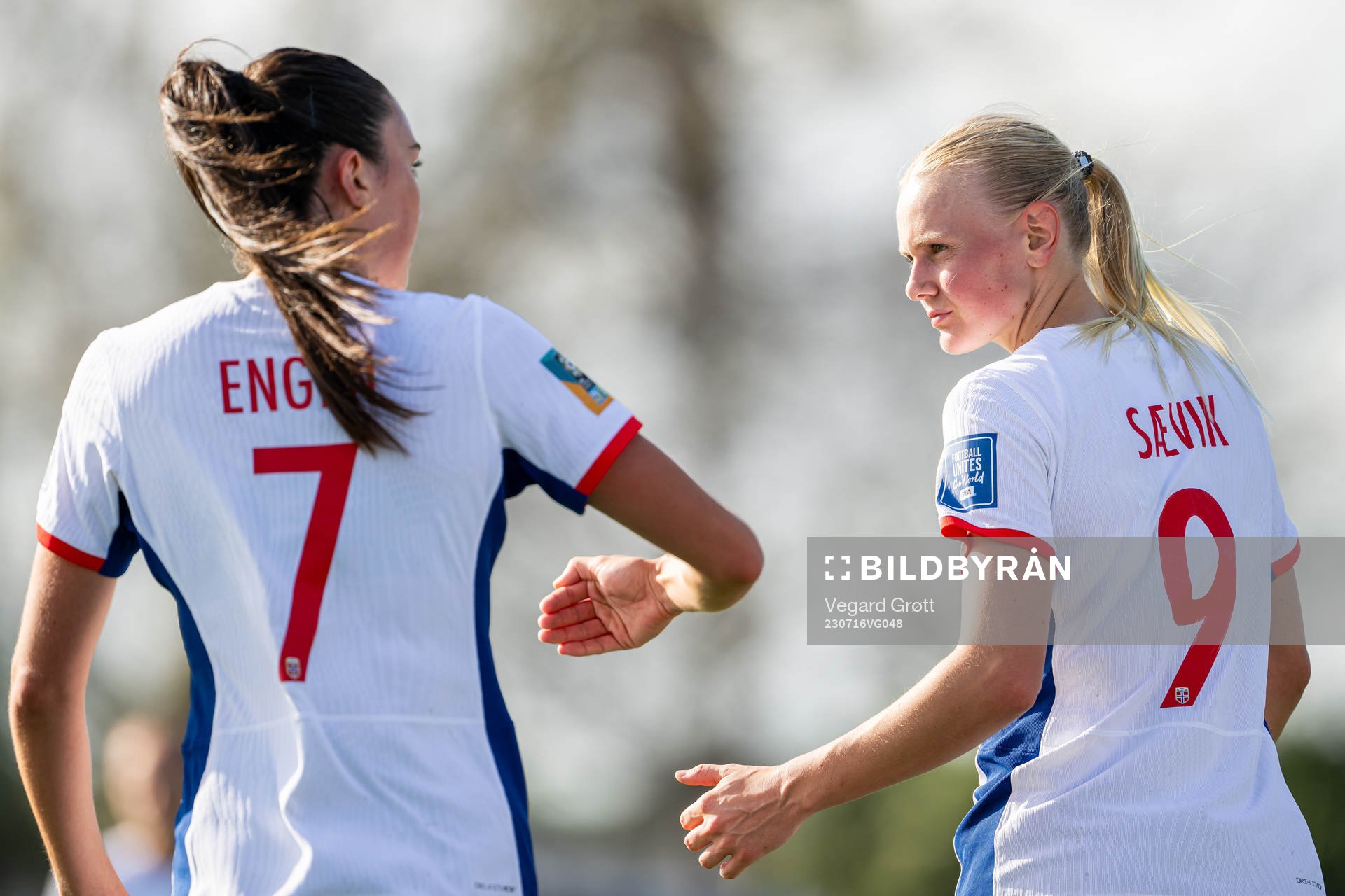 Ingrid Syrstad Engen and Karina Sævik of Norway during the behind-closed-doors practice game between Portugal and Norway ahead of the FIFA Women's World Cup on July 16, 2023 in Auckland.