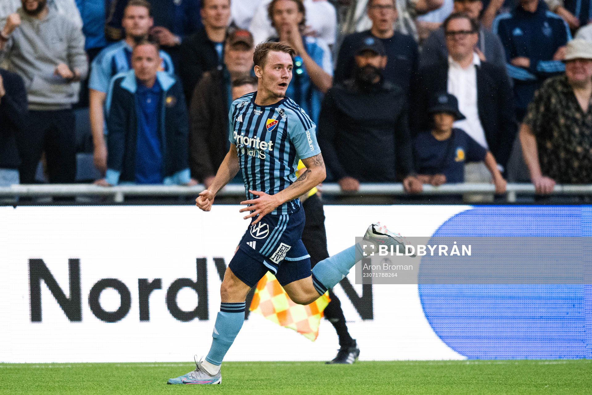 Djurgårdens Noel Milleskog under fotbollsmatchen i Allsvenskan mellan Djurgården och Malmö FF den 17 juli 2023 i Stockholm. 