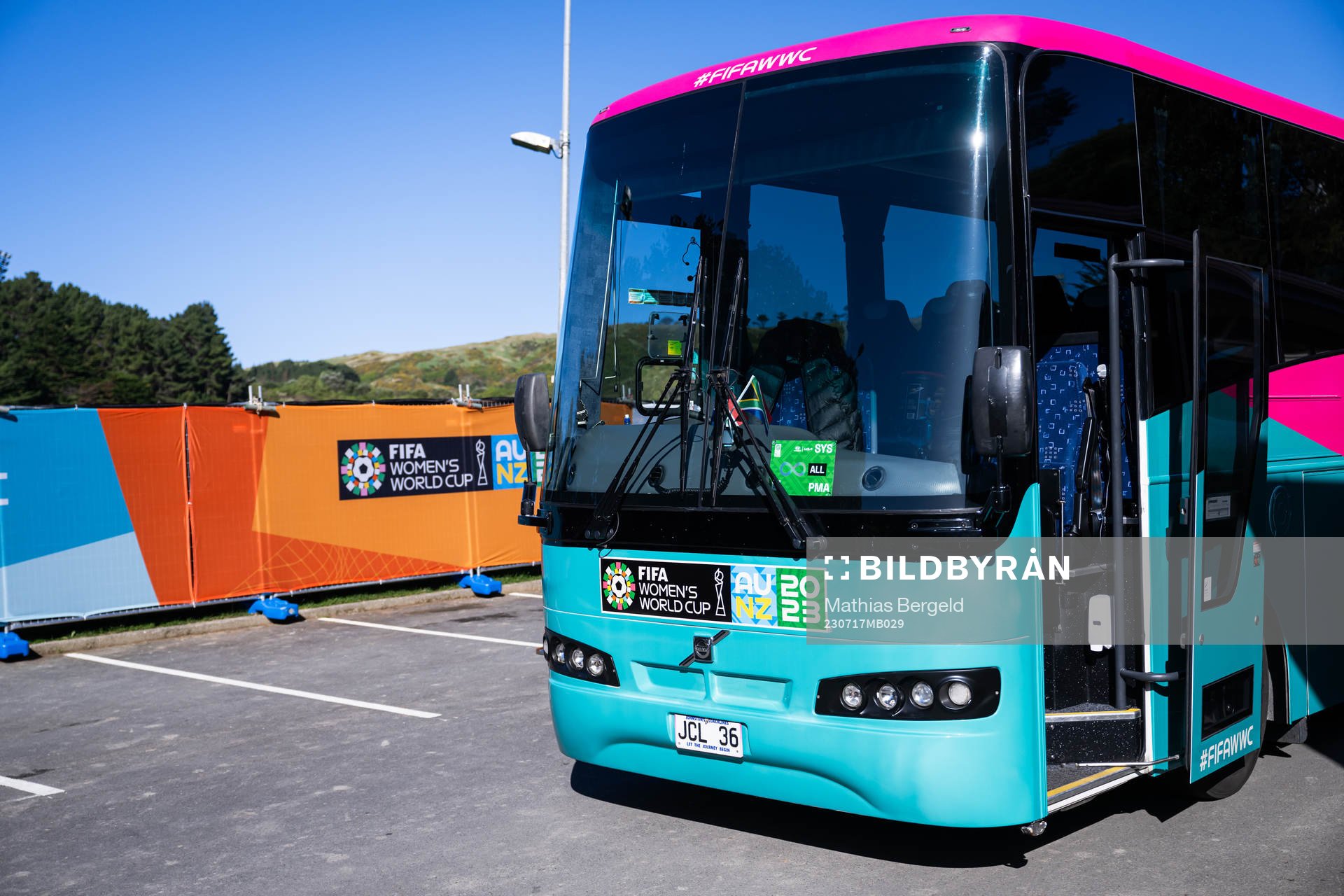 The bus of the South African women's national football team at a training session ahead of the FIFA Women's World Cup on July 17, 2023 in Porirua.