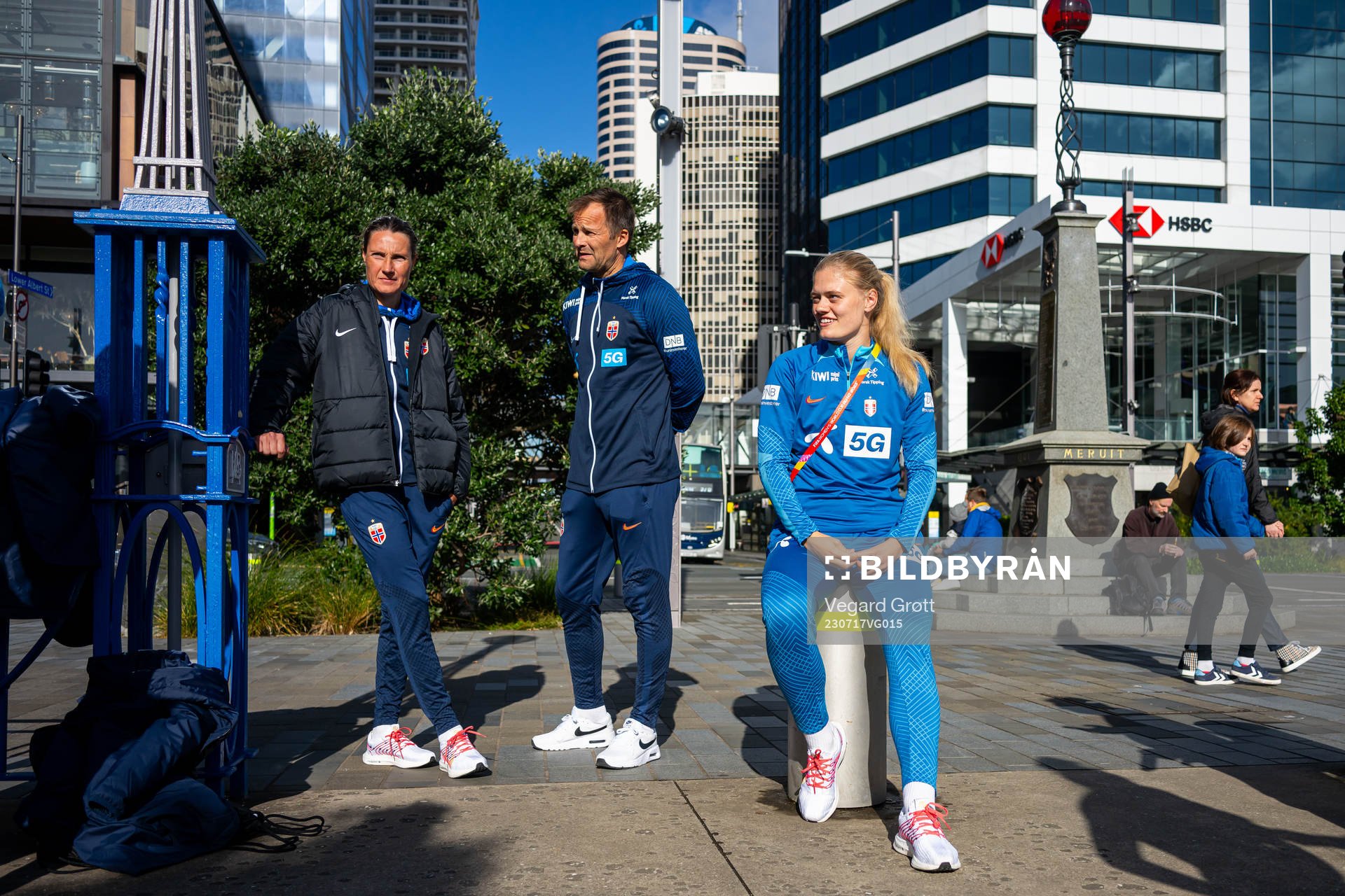 Ingvild Stensland, assistant coach, Jon Knudsen, goalkeeper coach, and Mathilde Harviken of the Norwegian women’s national football team during a press event ahead of the FIFA Women's World Cup on July 17, 2023 in Auckland.