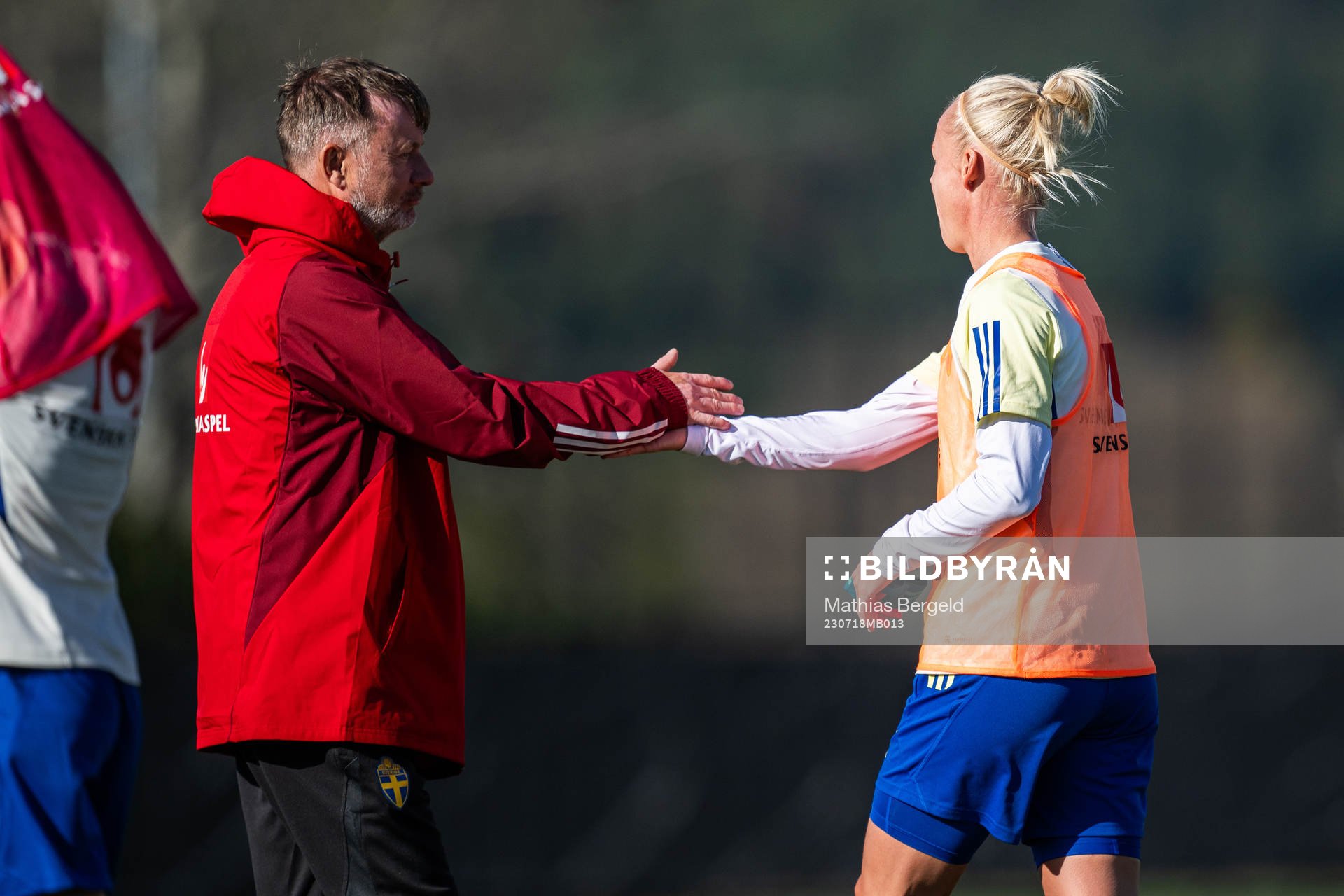 Head coach Peter Gerhardsson and Caroline Seger of the Swedish women's national football team at a training session ahead of the FIFA Women's World Cup on July 18, 2023 in Upper Hutt.