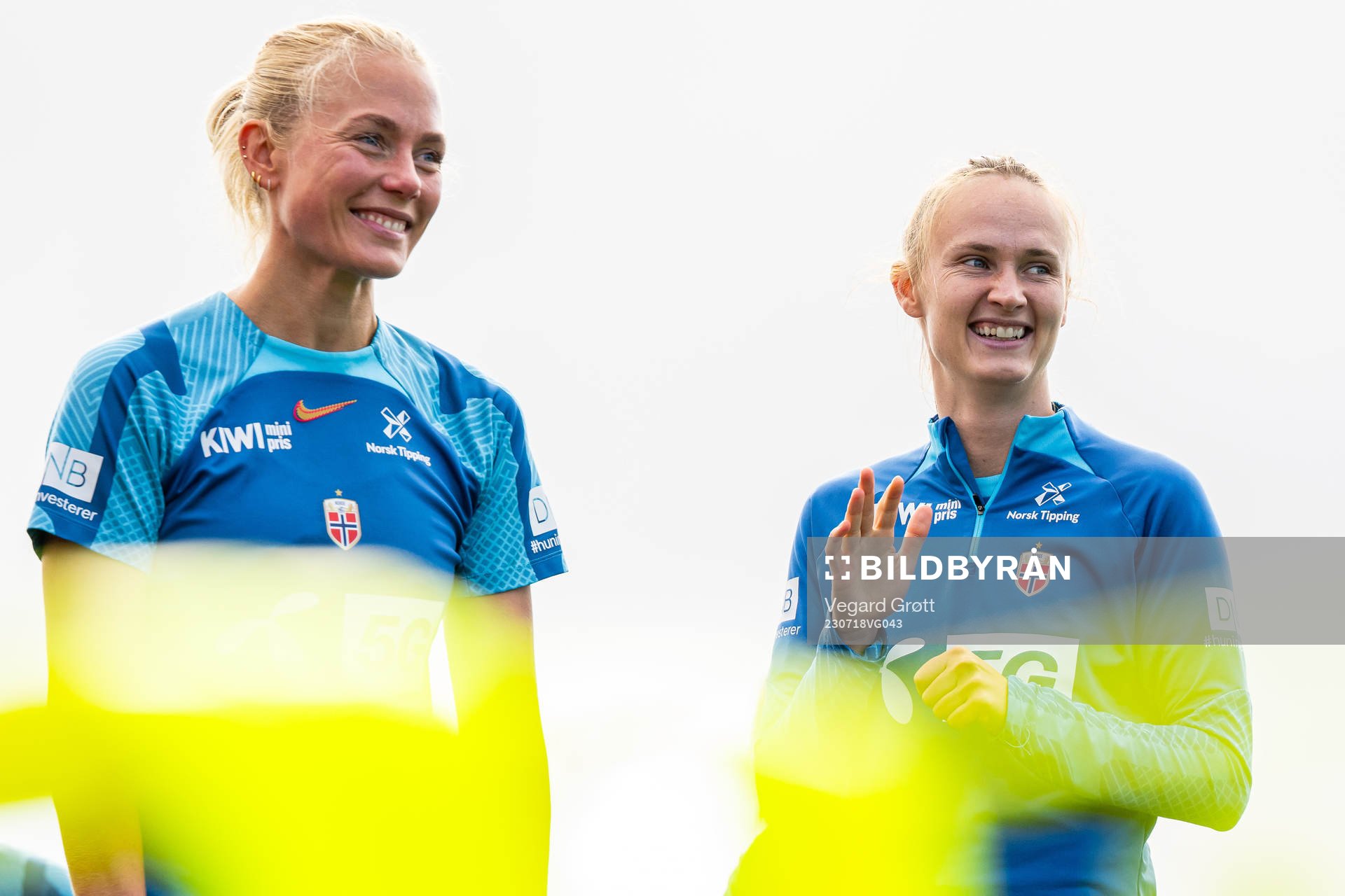Guro Bergsvand and Caroline Graham Hansen of the Norwegian women’s national football team during a training session ahead of the FIFA Women's World Cup on July 18, 2023 in Auckland.