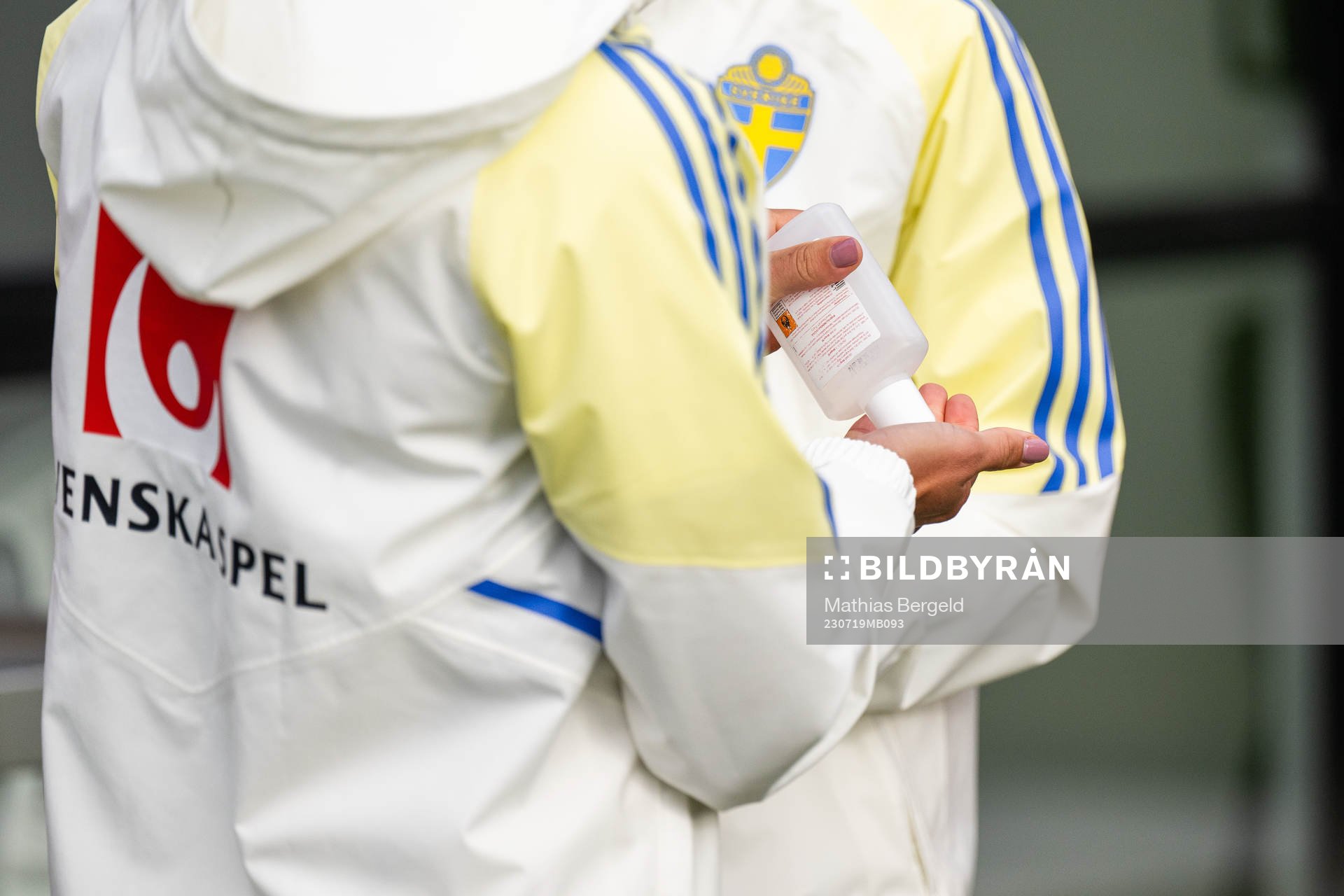 A player of the Swedish women's national football team uses hand sanitizer after a training session ahead of the FIFA Women's World Cup on July 19, 2023 in Upper Hutt.