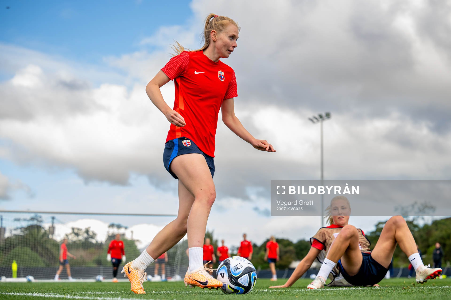 Malin Brenn and Sophie Román Haug of the Norwegian women’s national football team during a training session ahead of the FIFA Women's World Cup on July 19, 2023 in Auckland.