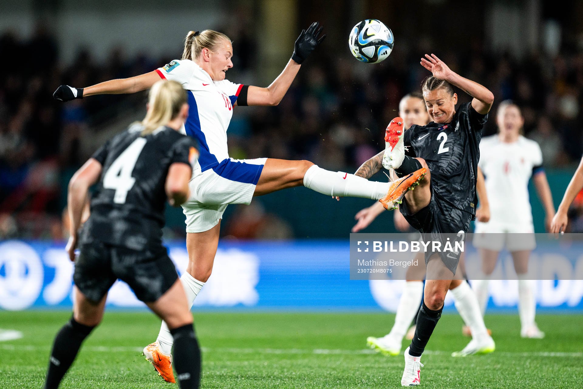 Frida Maanum of Norway and Ria Percival of New Zealand during the FIFA Women's World Cup football match between New Zealand and Norway on July 20, 2023 in Auckland.