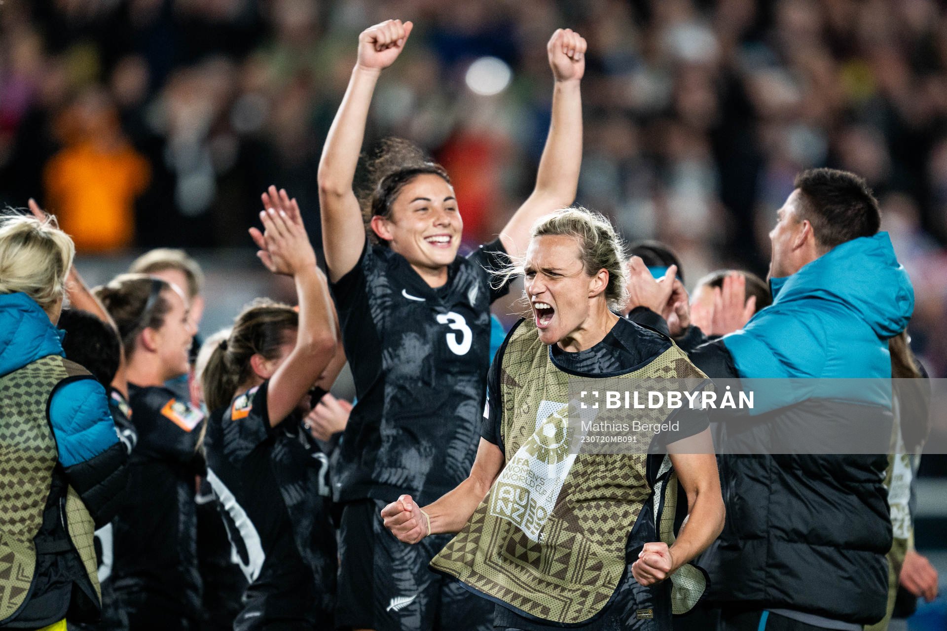 Claudia Bunge and Hannah Wilkinson of New Zealand celebrate after the FIFA Women's World Cup football match between New Zealand and Norway on July 20, 2023 in Auckland. 