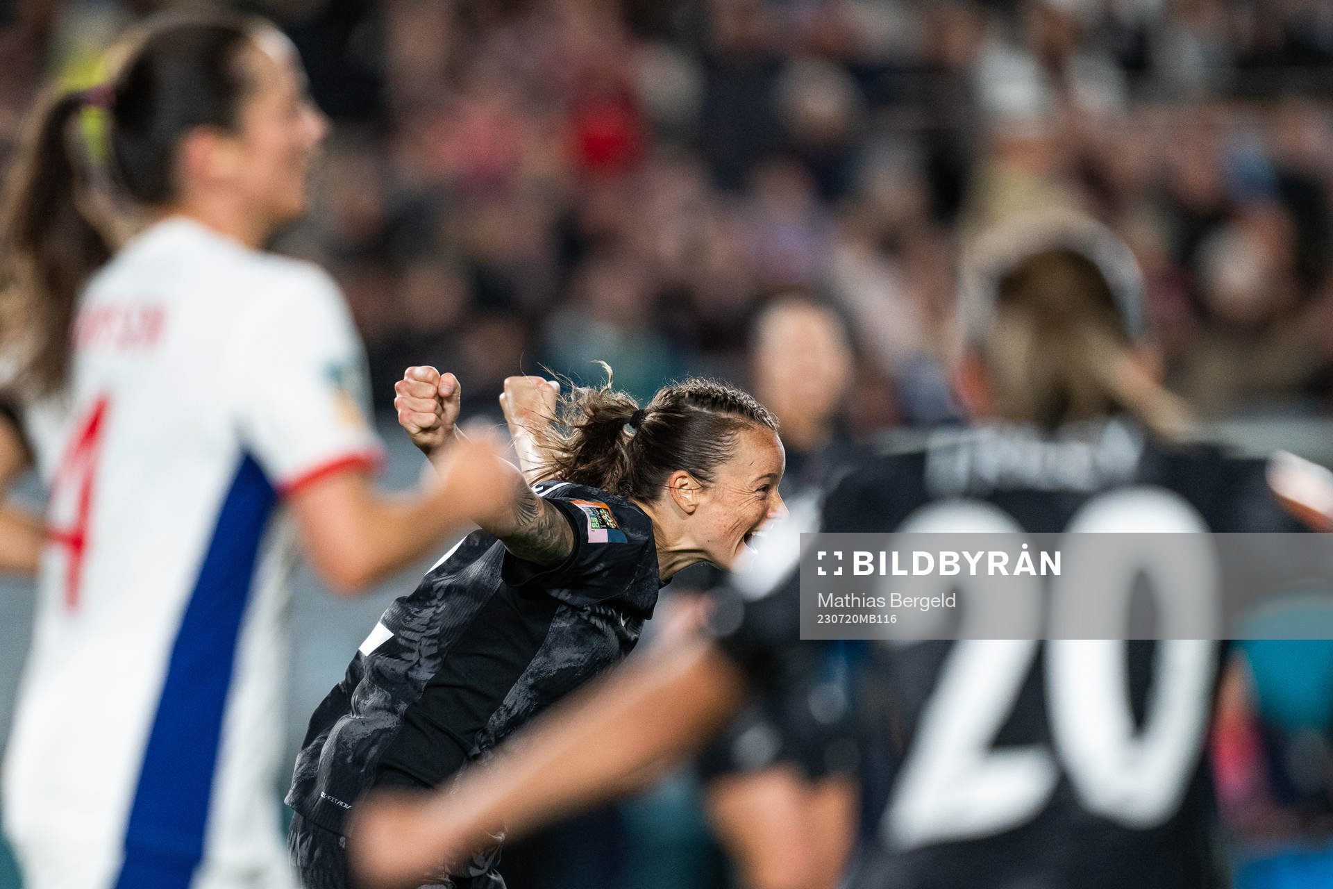 Ria Percival of New Zealand celebrates after the FIFA Women's World Cup football match between New Zealand and Norway on July 20, 2023 in Auckland.