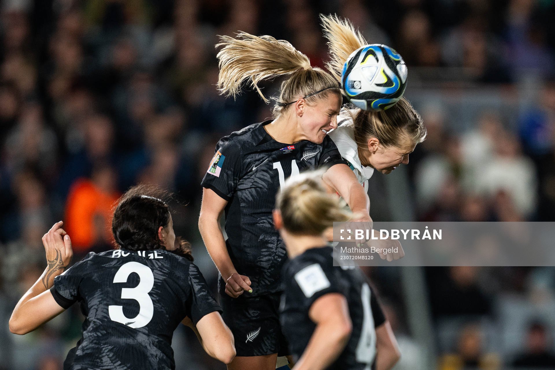 Katie Bowen of New Zealand and Ada Hegerberg of Norway
