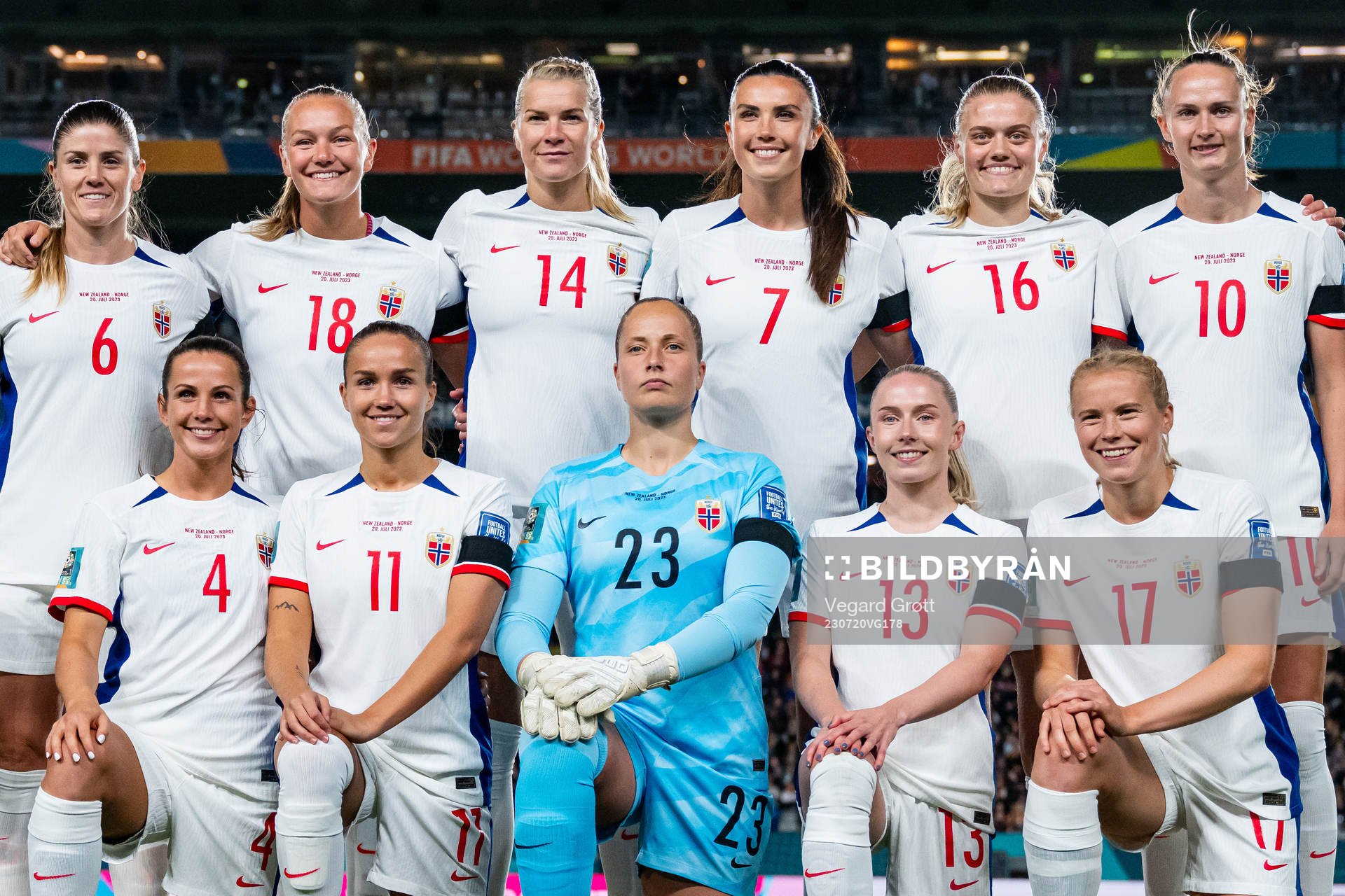 The starting eleven of Norway pose for a team photo ahead of the FIFA Women's World Cup football match between New Zealand and Norway on July 20, 2023 in Auckland. Top left: Maren Mjelde, Frida Maanum, Ada Hegerberg, Ingrid Syrstad Engen, Mathilde Harviken and Caroline Graham Hansen. Front left: Tuva Hansen, Guro Reiten, goalkeeper Aurora Mikalsen, Thea Bjelde and Julie Blakstad.