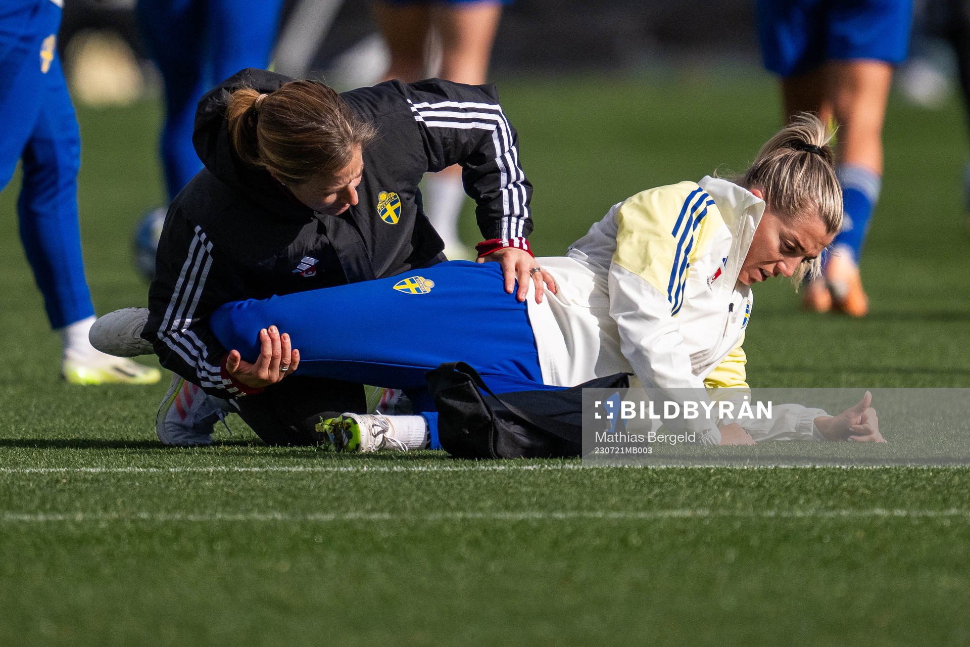 Physio Jenny Larsson treats Linda Sembrant of the Swedish