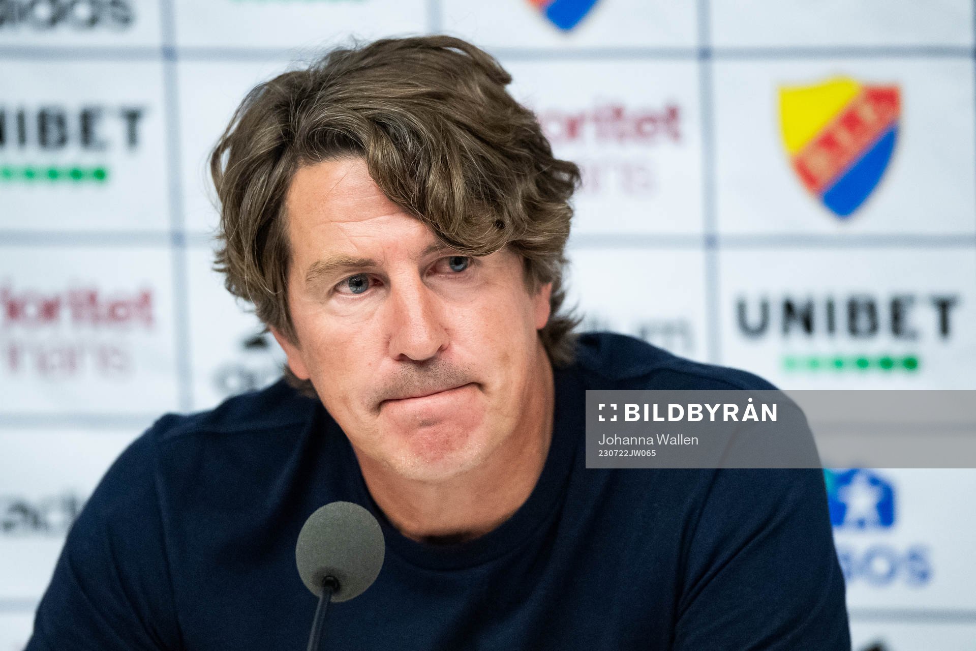 Djurgårdens tränare Thomas Lagerlöf under en presskonferens efter fotbollsmatchen i Allsvenskan mellan Djurgården och Elfsborg den 22 juli 2023 i Stockholm.