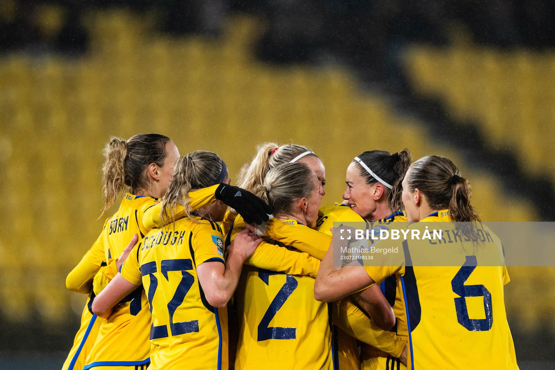 Amanda Ilestedt of Sweden celebrate with team mates after scoring 2-1 during the FIFA Women's World Cup football match between Sweden and South Africa on July 23, 2023 in Wellington.
