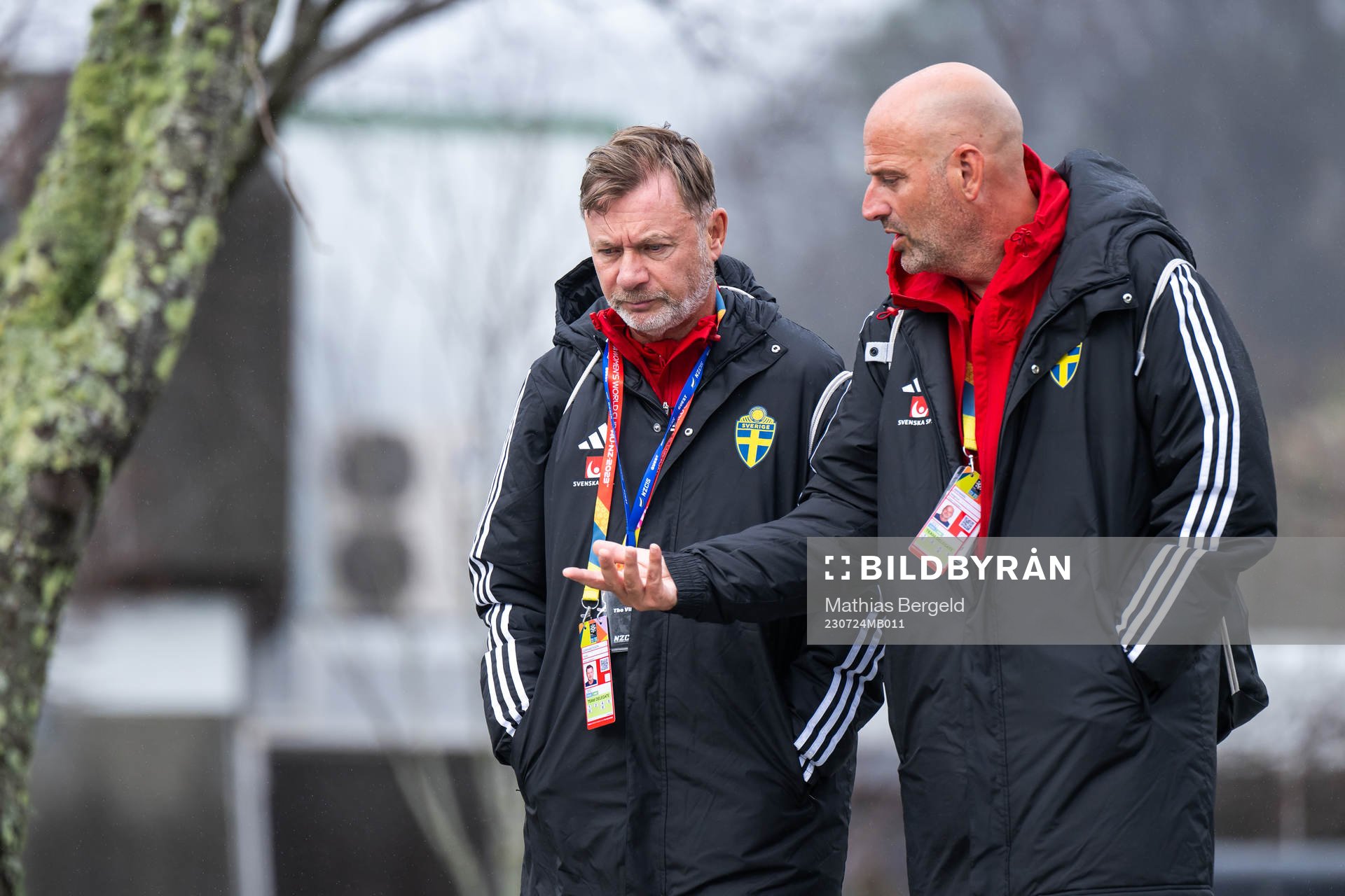 Head coach Peter Gerhardsson and assistant coach Magnus Wikman of the Swedish women's national football team ahead of a training session during the FIFA Women's World Cup on July 24, 2023 in Upper Hutt.