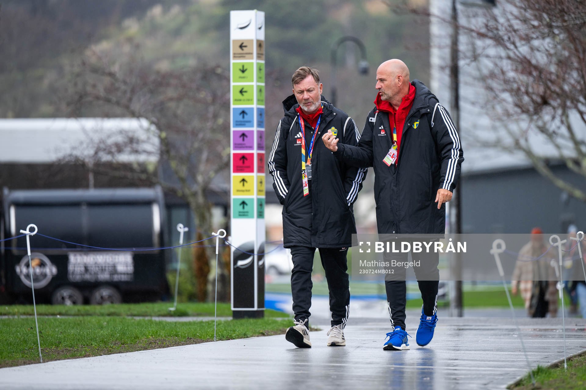 Head coach Peter Gerhardsson and assistant coach Magnus Wikman of the Swedish women's national football team ahead of a training session during the FIFA Women's World Cup on July 24, 2023 in Upper Hutt.
