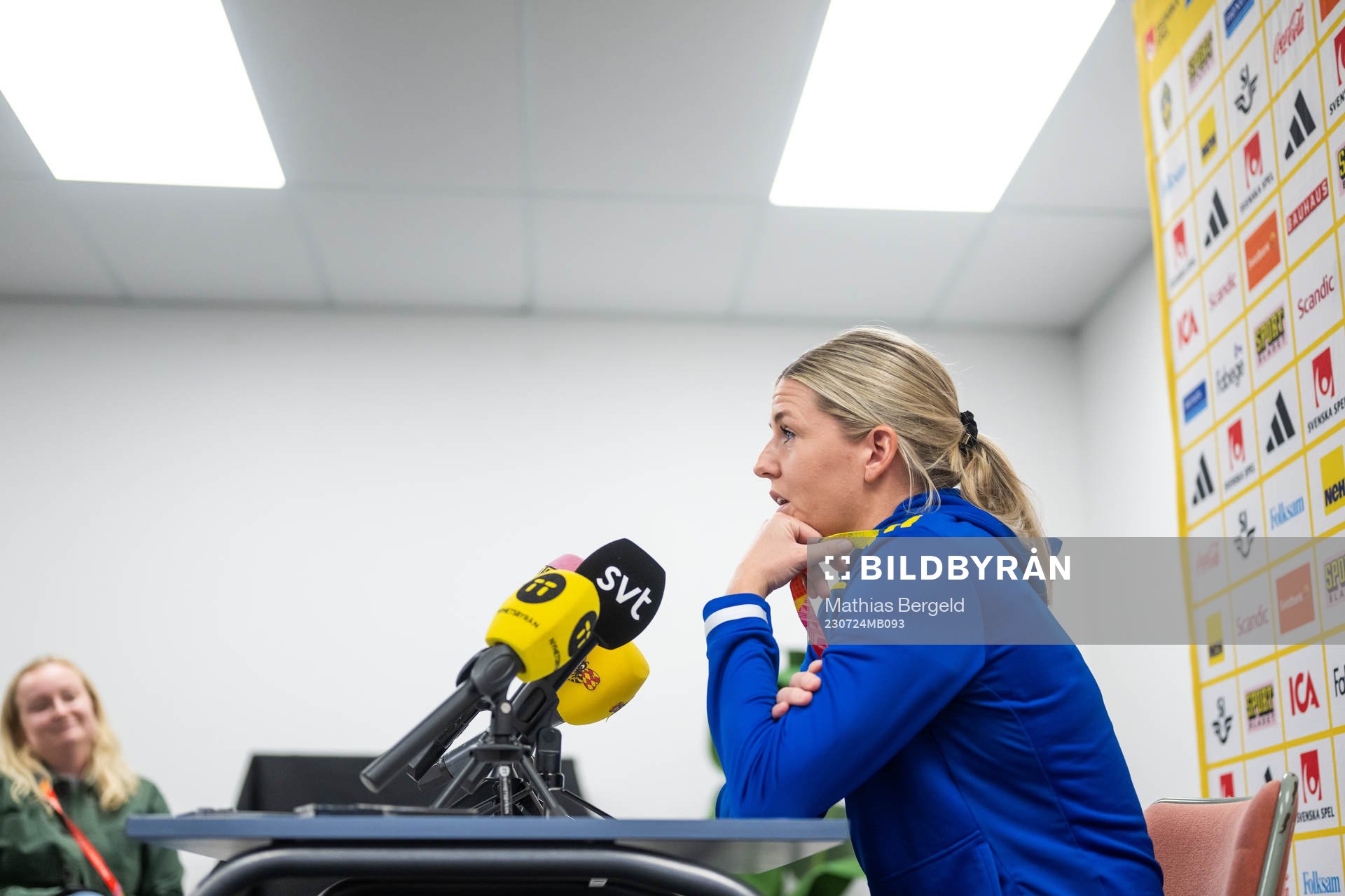 Olivia Schough of the Swedish women's national football team is interviewed at a press event during the FIFA Women's World Cup on July 24, 2023 in Upper Hutt.