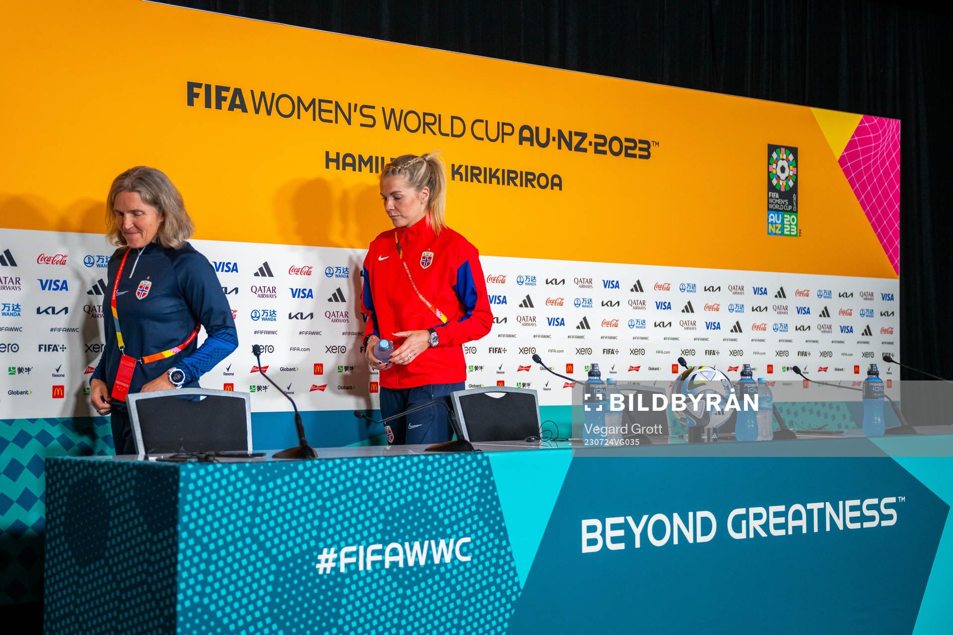Head coach Hege Riise and Ada Hegerberg of the Norwegian women’s national football team after a press conference during the FIFA Women's World Cup on July 24, 2023 in Hamilton.