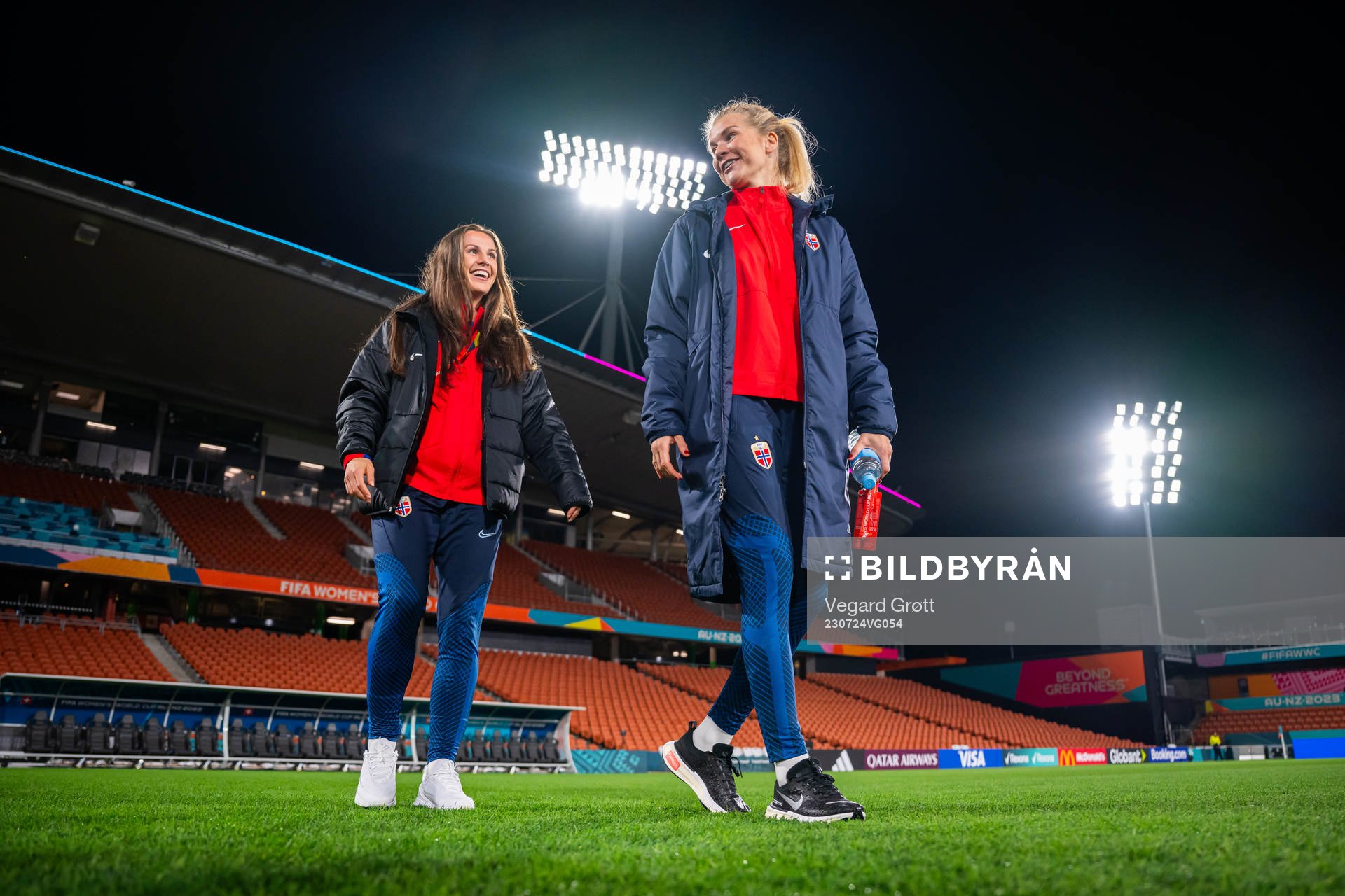 Tuva Hansen and Ada Hegerberg of the Norwegian women’s national football team inspect the pitch during the FIFA Women's World Cup on July 24, 2023 in Hamilton.