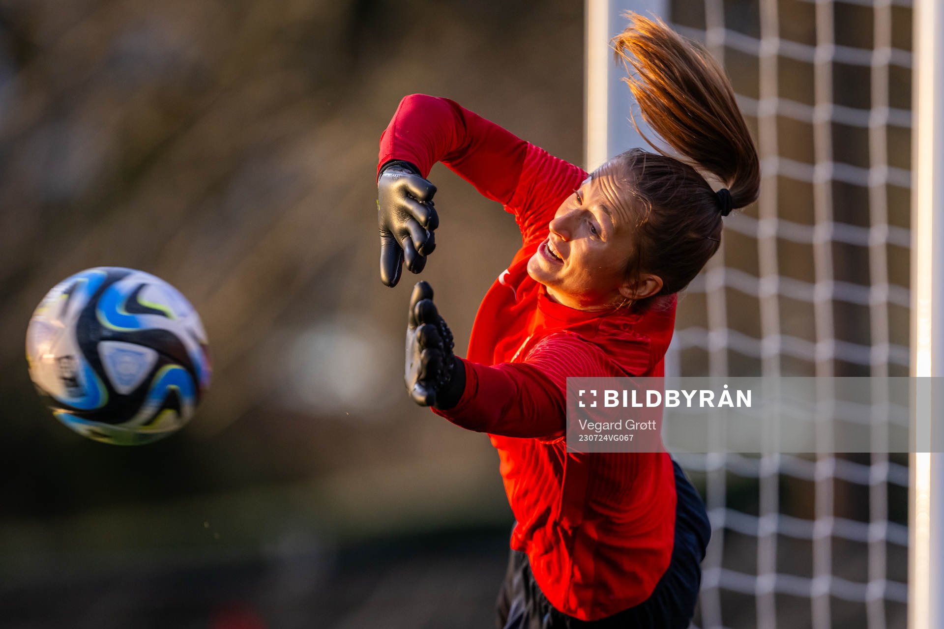 Goalkeeper Cecilie Fiskerstrand of the Norwegian women’s national football team at a training session during the FIFA Women's World Cup on July 24, 2023 in Hamilton.