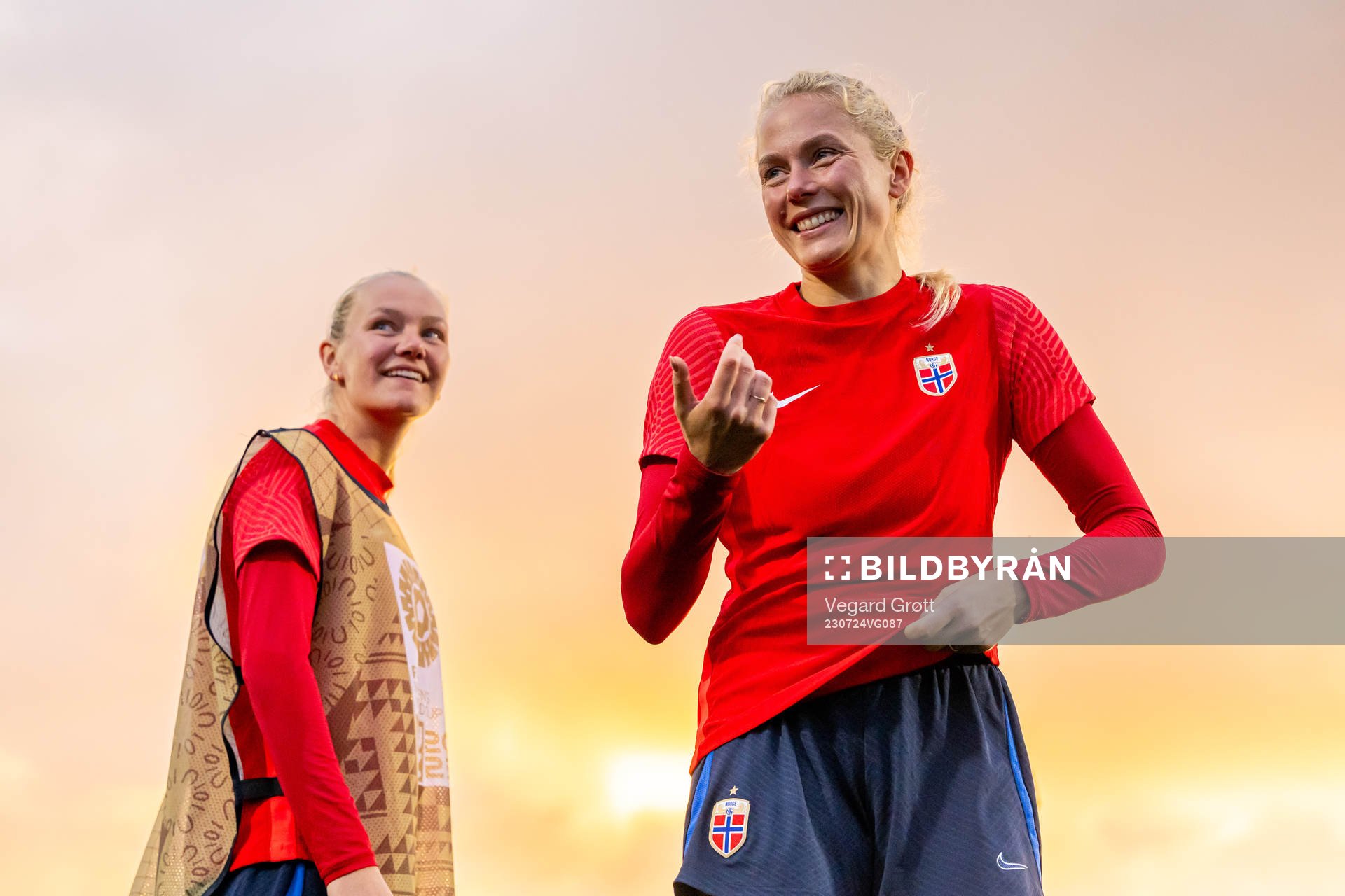Frida Maanum and Guro Bergsvand of the Norwegian women’s national football team at a training session during the FIFA Women's World Cup on July 24, 2023 in Hamilton.
