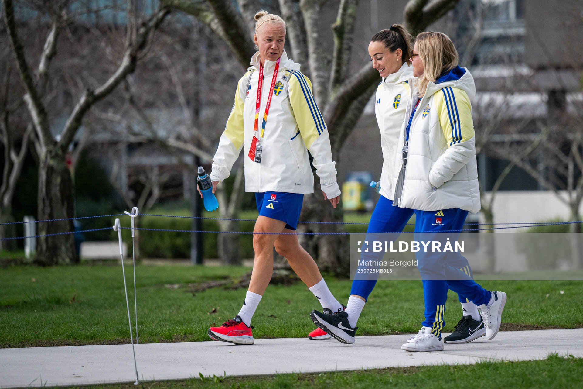 Caroline Seger, Kosovare Asllani and Team Manager Marika Domanski Lyfors ahead of the Swedish women’s national football team at a training session during the FIFA Women's World Cup match on July 25, 2023 in Upper Hutt.