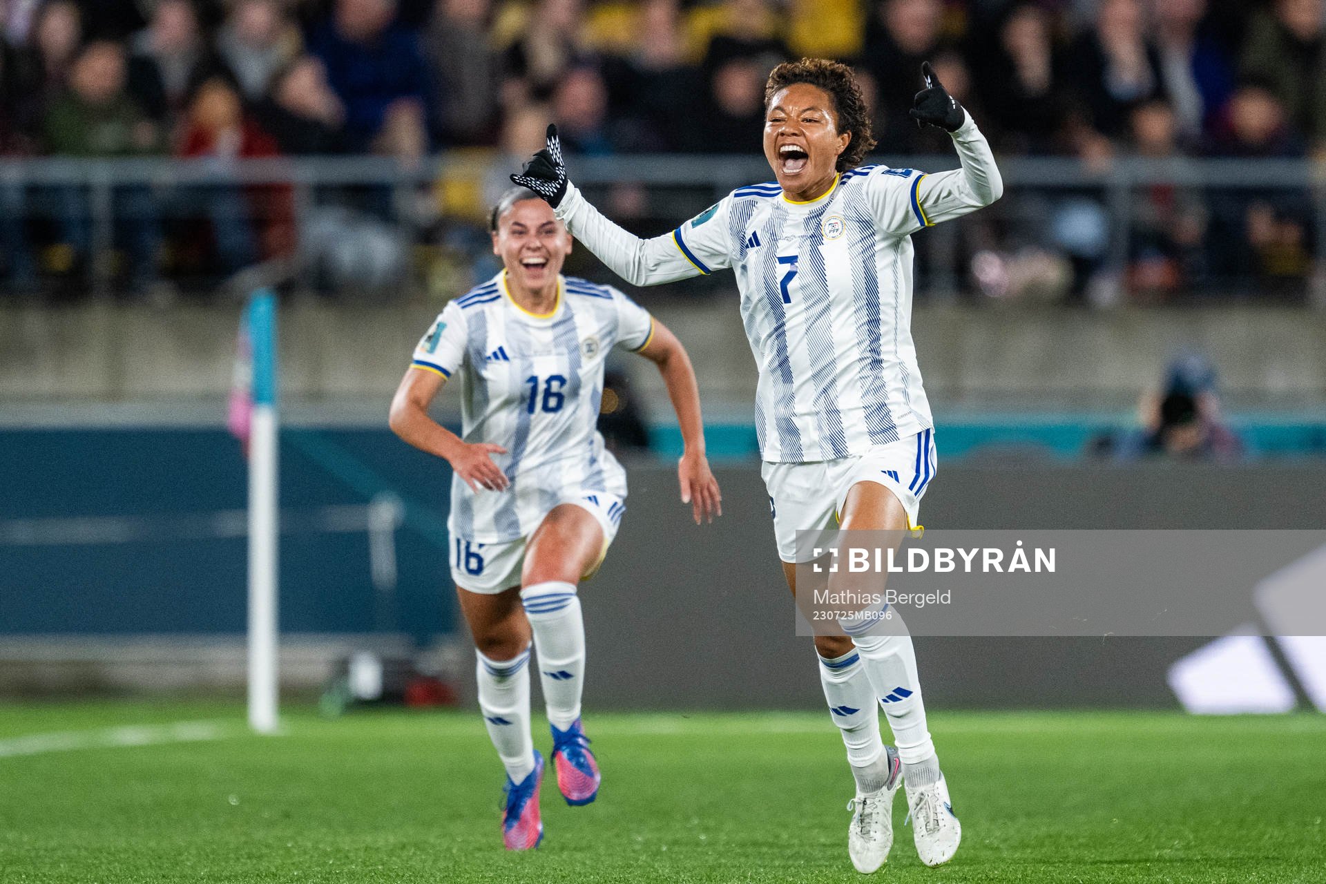 Sarina Bolden of Philippines celebrates after scoring 0-1 during the FIFA Women's World Cup match between New Zealand and Philippines on July 25, 2023 in Wellington.
