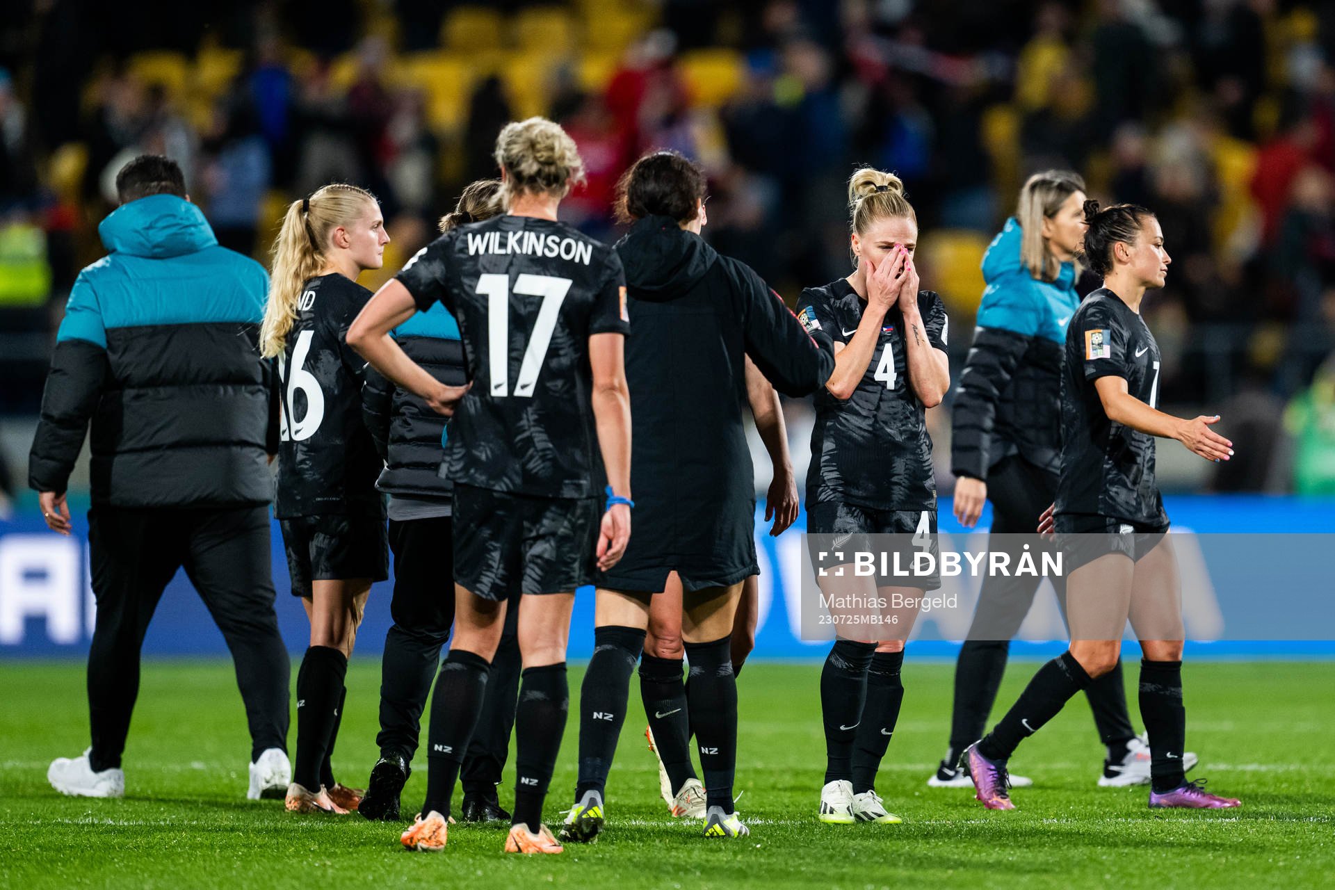 CJ Bott and Ali Riley of New Zealand look dejected