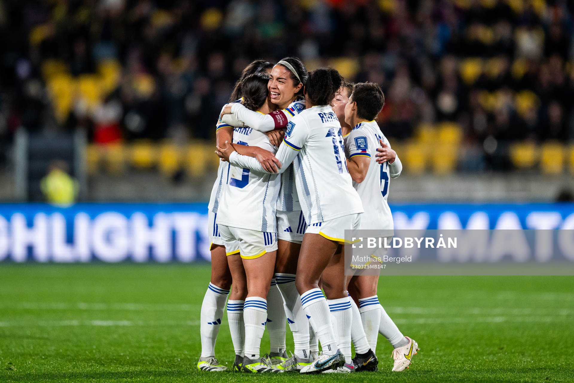 Hali Long of Philippines celebrates with team mates after the FIFA Women's World Cup match between New Zealand and Philippines on July 25, 2023 in Wellington.