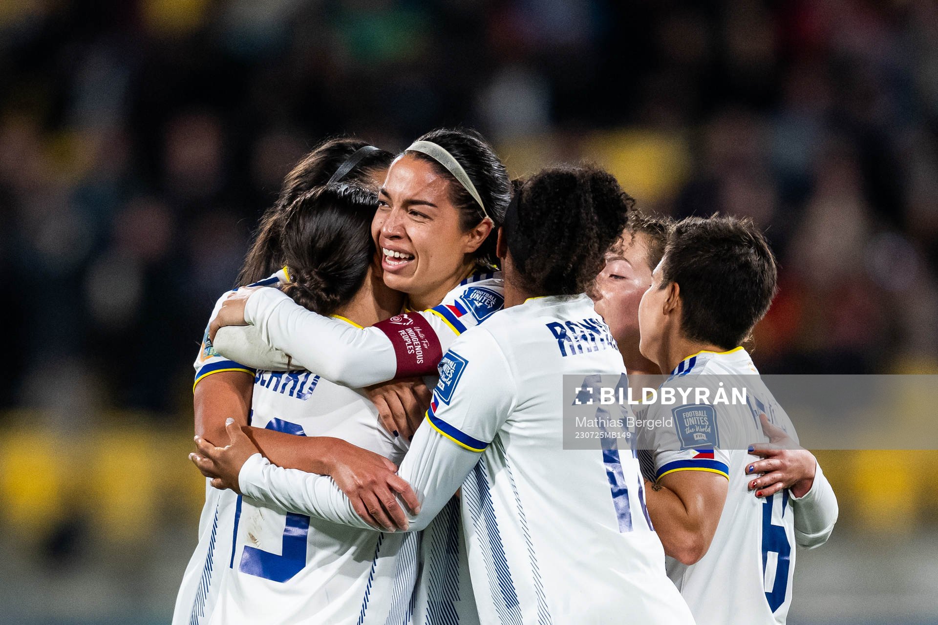 Hali Long of Philippines celebrates with team mates after the FIFA Women's World Cup match between New Zealand and Philippines on July 25, 2023 in Wellington.