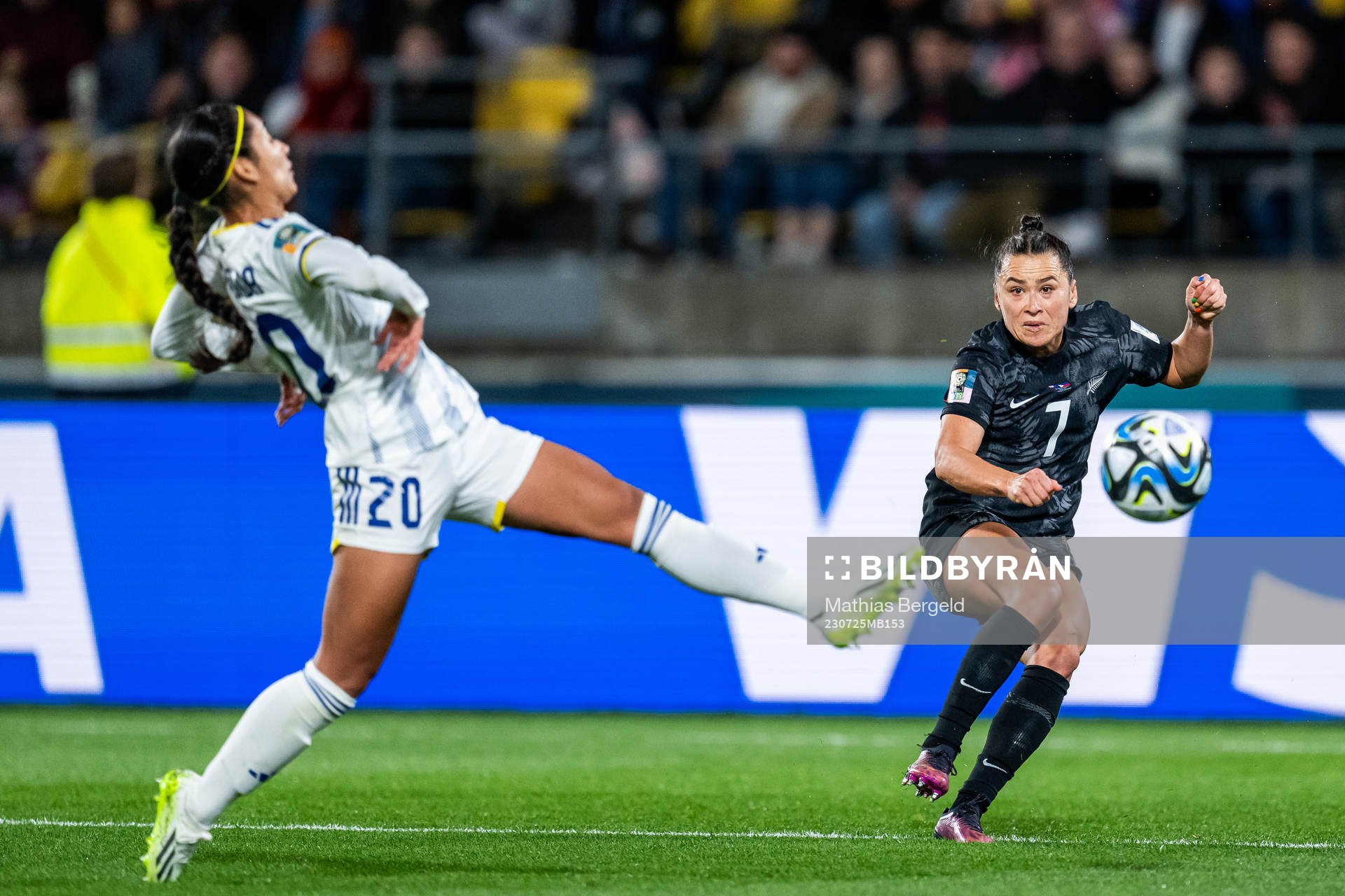 Quinley Quezada of Philippines and Ali Riley of New Zealand during the FIFA Women's World Cup match between New Zealand and Philippines on July 25, 2023 in Wellington.