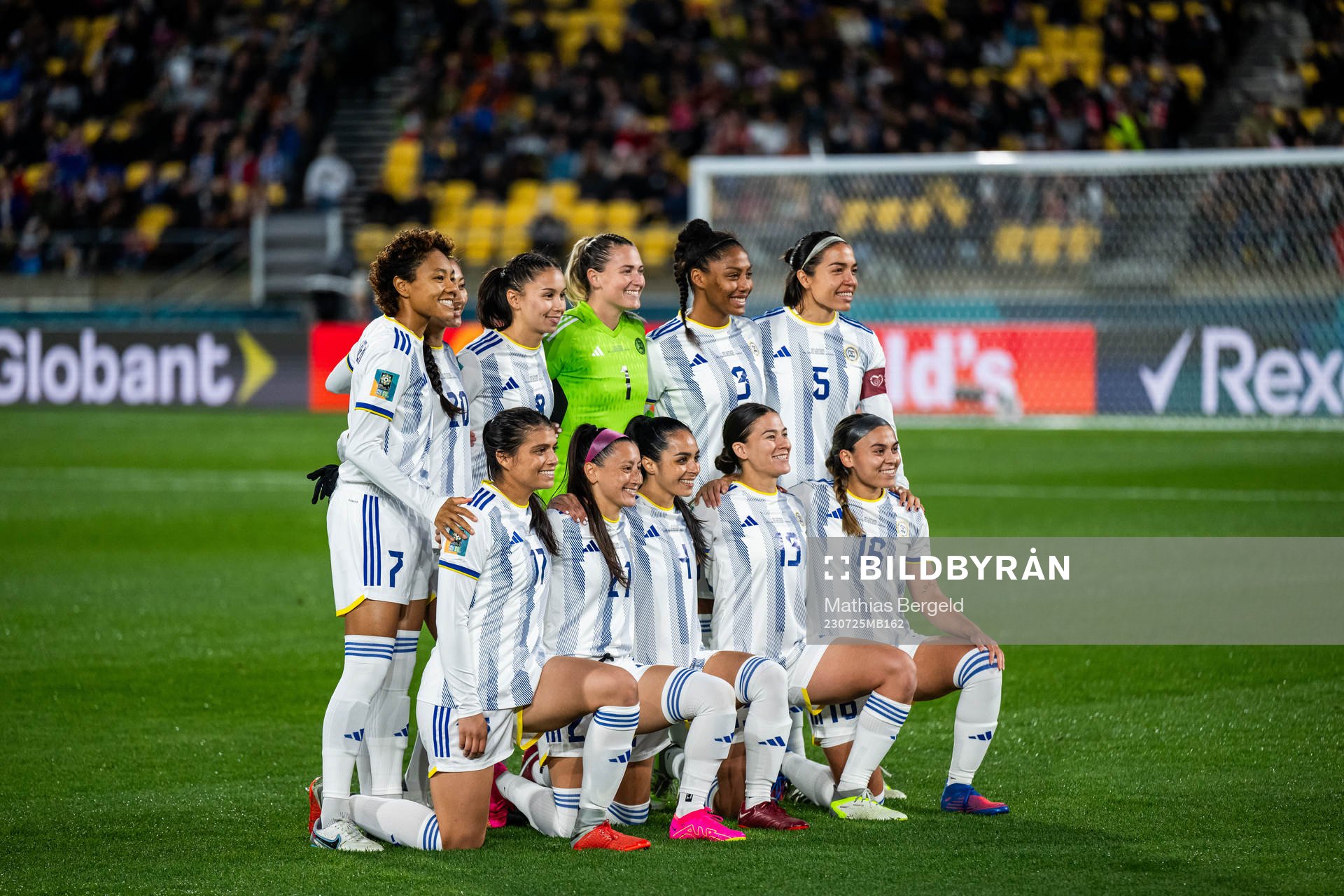 The starting eleven of Philippines pose for a photo ahead of the FIFA Women's World Cup match between New Zealand and Philippines on July 25, 2023 in Wellington. Top row from the left: Sarina Bolden, Quinley Quezada, goalkeeper Olivia McDaniel, Jessika Cowart and Hali Long. Bottom row from the left: Alicia Barker, Katrina Guillou, Jaclyn Sawicki, Angela Beard and Sofia Harrison.