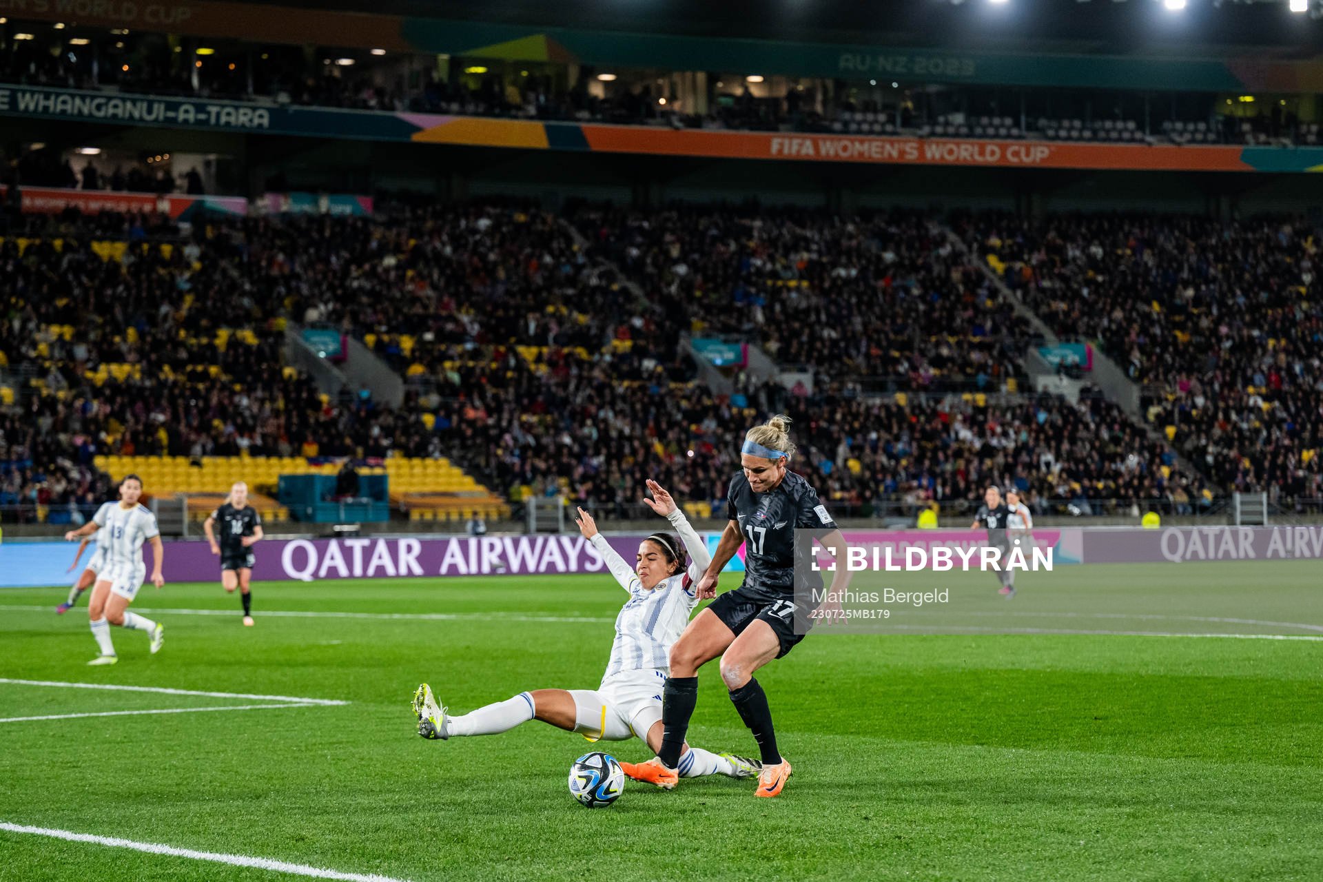 Hali Long of Philippines and Hannah Wilkinson of New Zealand during the FIFA Women's World Cup match between New Zealand and Philippines on July 25, 2023 in Wellington.