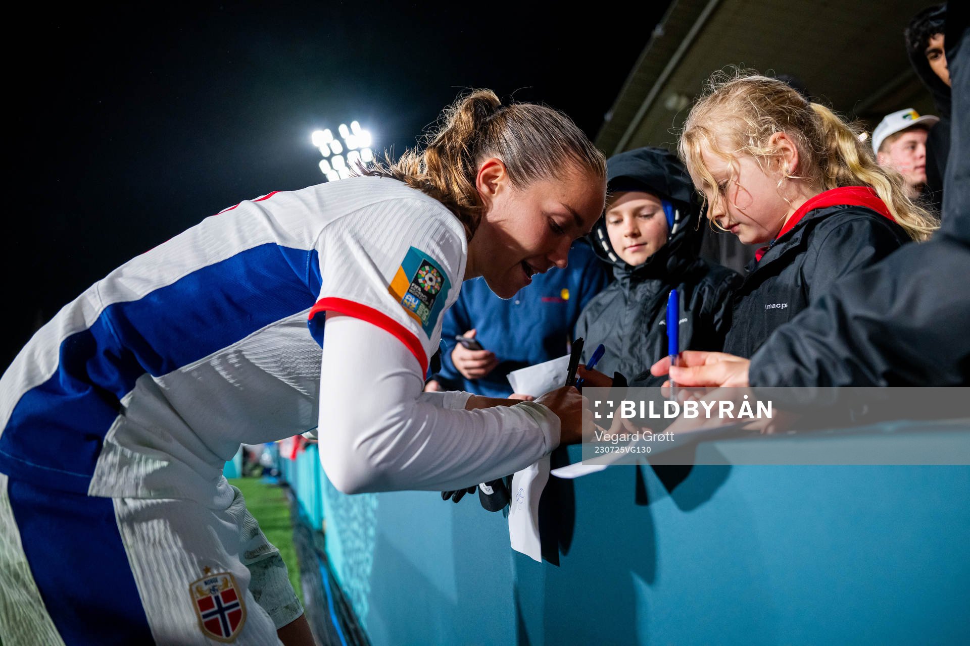 Guro Reiten of Norway signs autographs after the FIFA Women's World Cup football match between Switzerland and Norway on July 25, 2023 in Hamilton.