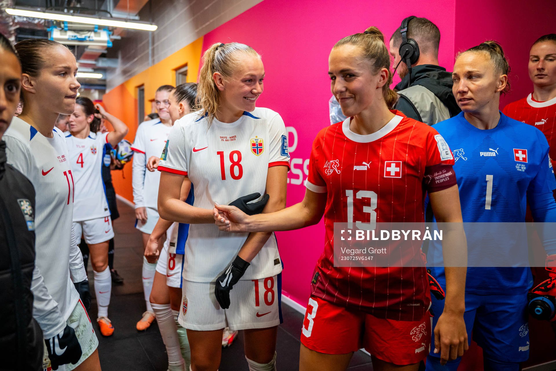 Frida Maanum of Norway and Lia Wälti of Switzerland at half-time during the FIFA Women's World Cup football match between Switzerland and Norway on July 25, 2023 in Hamilton.