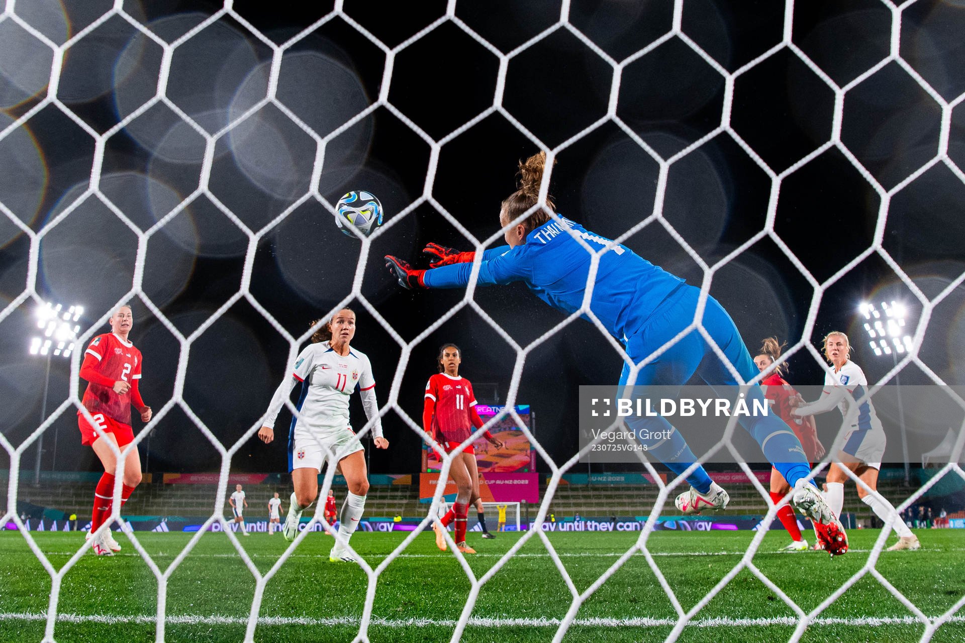 Guro Reiten of Norway, goalkeeper Gaelle Thalmann of