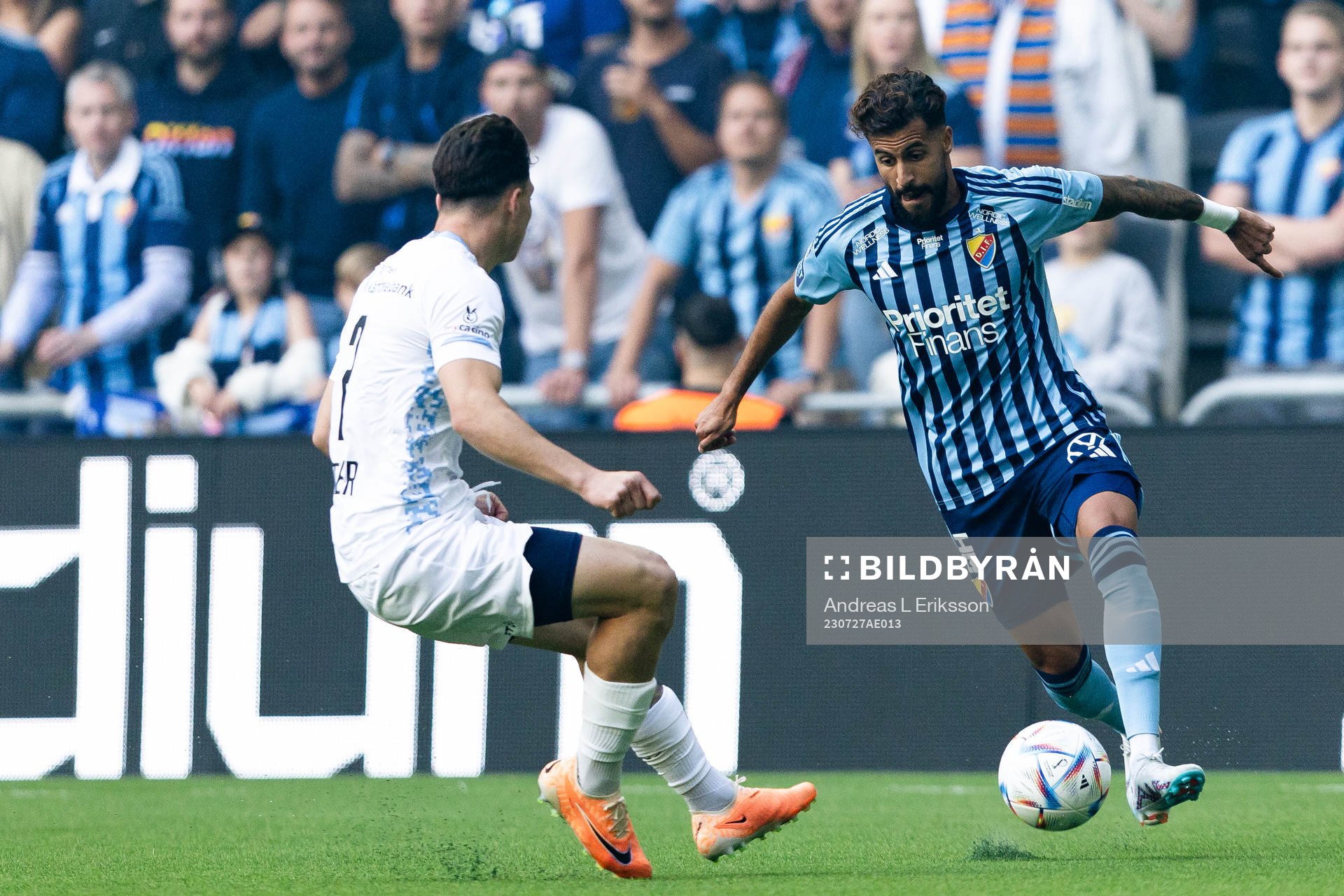 Severin Ottiger of Luzern and Rami Kaib of Djurgården during the UEFA Europa Conference League qualifying match between Djurgården and Luzern on July 27, 2023 in Stockholm.
