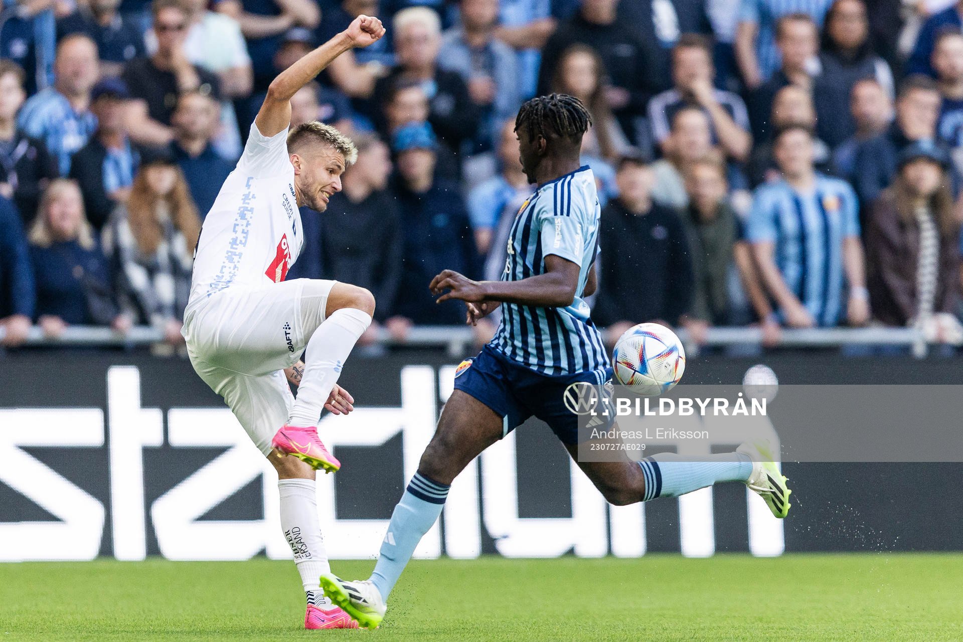 Martin Frýdek of Luzern and Joel Asoro of Djurgården during the UEFA Europa Conference League qualifying match between Djurgården and Luzern on July 27, 2023 in Stockholm.