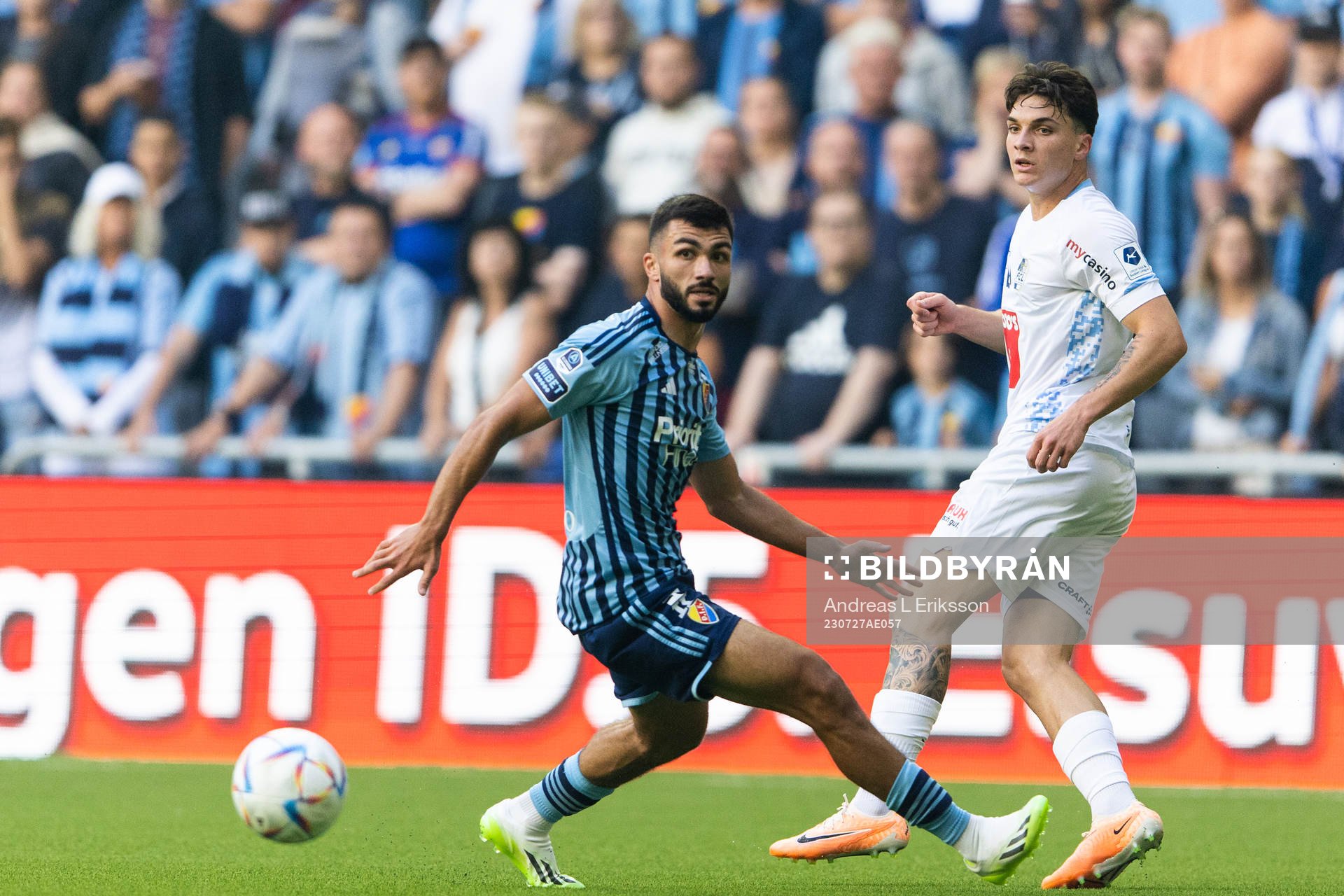 Musa Gurbanli of Djurgården and Severin Ottiger of Luzern during the UEFA Europa Conference League qualifying match between Djurgården and Luzern on July 27, 2023 in Stockholm.