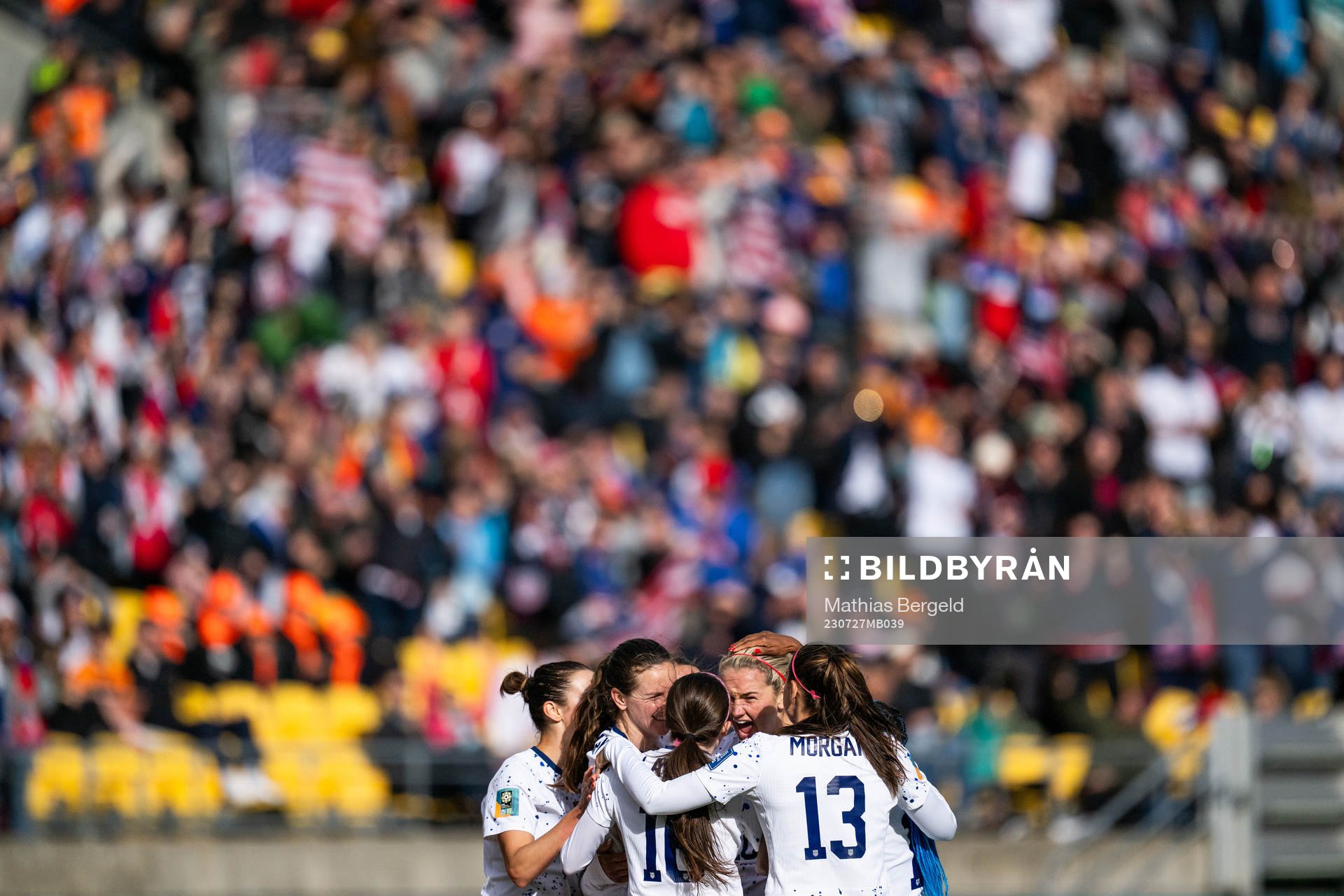 Lindsey Horan of USA celebrates with team mates after scoring 1-1 during the FIFA Women's World Cup football match between USA and Netherlands on July 27, 2023 in Wellington.