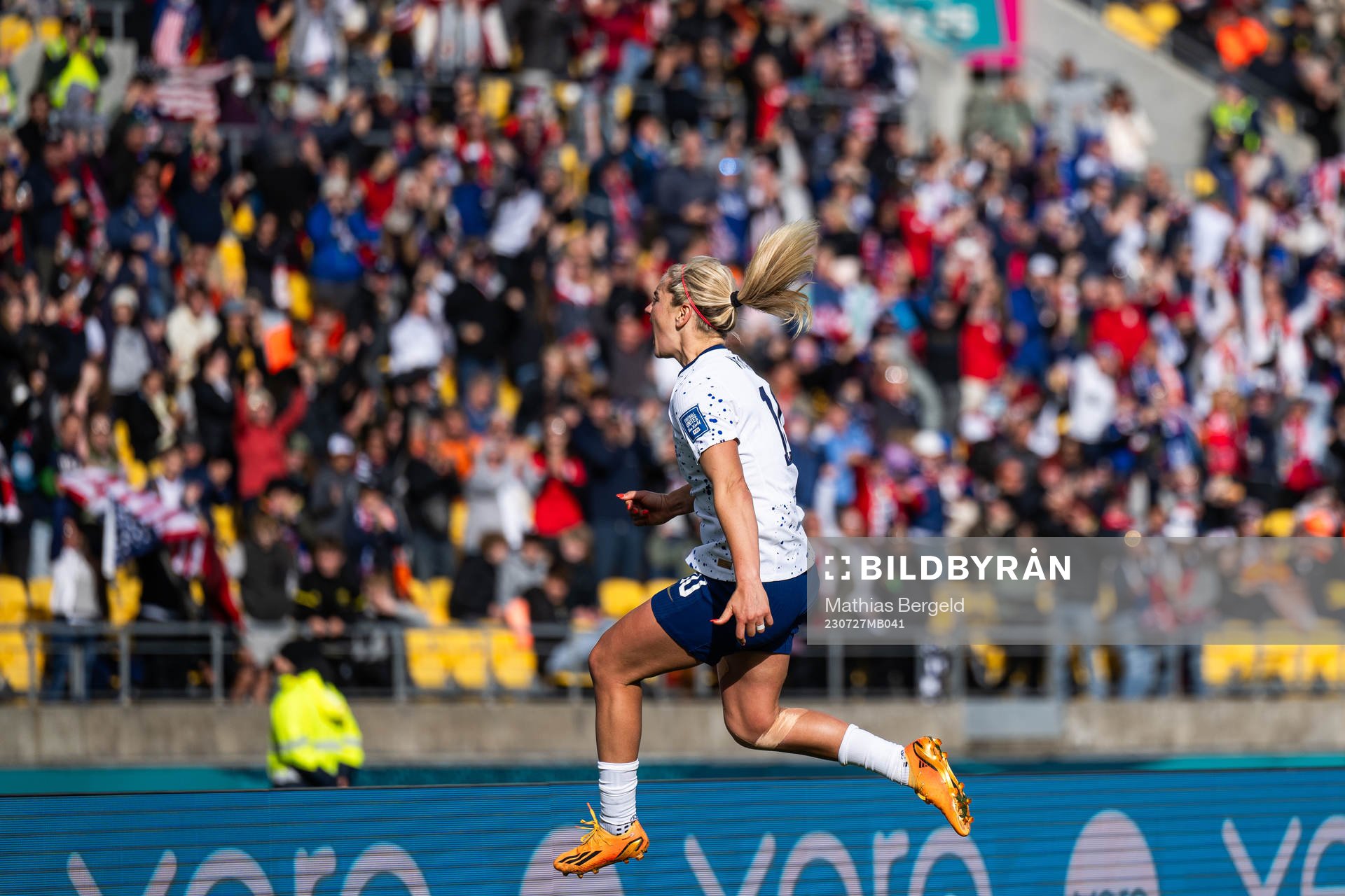 Lindsey Horan of USA celebrates after scoring 1-1 during the FIFA Women's World Cup football match between USA and Netherlands on July 27, 2023 in Wellington.