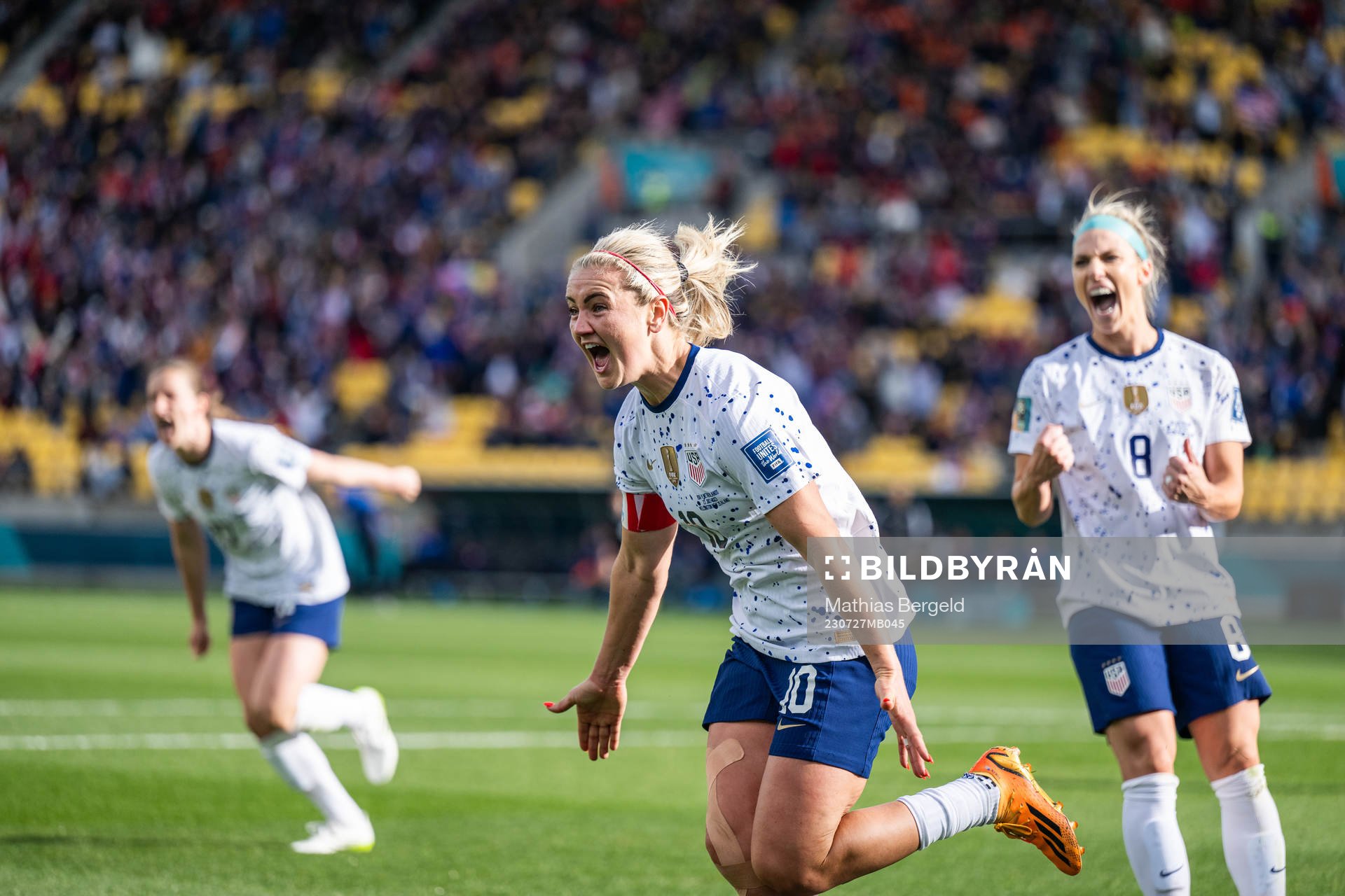 Lindsey Horan of USA celebrates after scoring 1-1 during the FIFA Women's World Cup football match between USA and Netherlands on July 27, 2023 in Wellington.