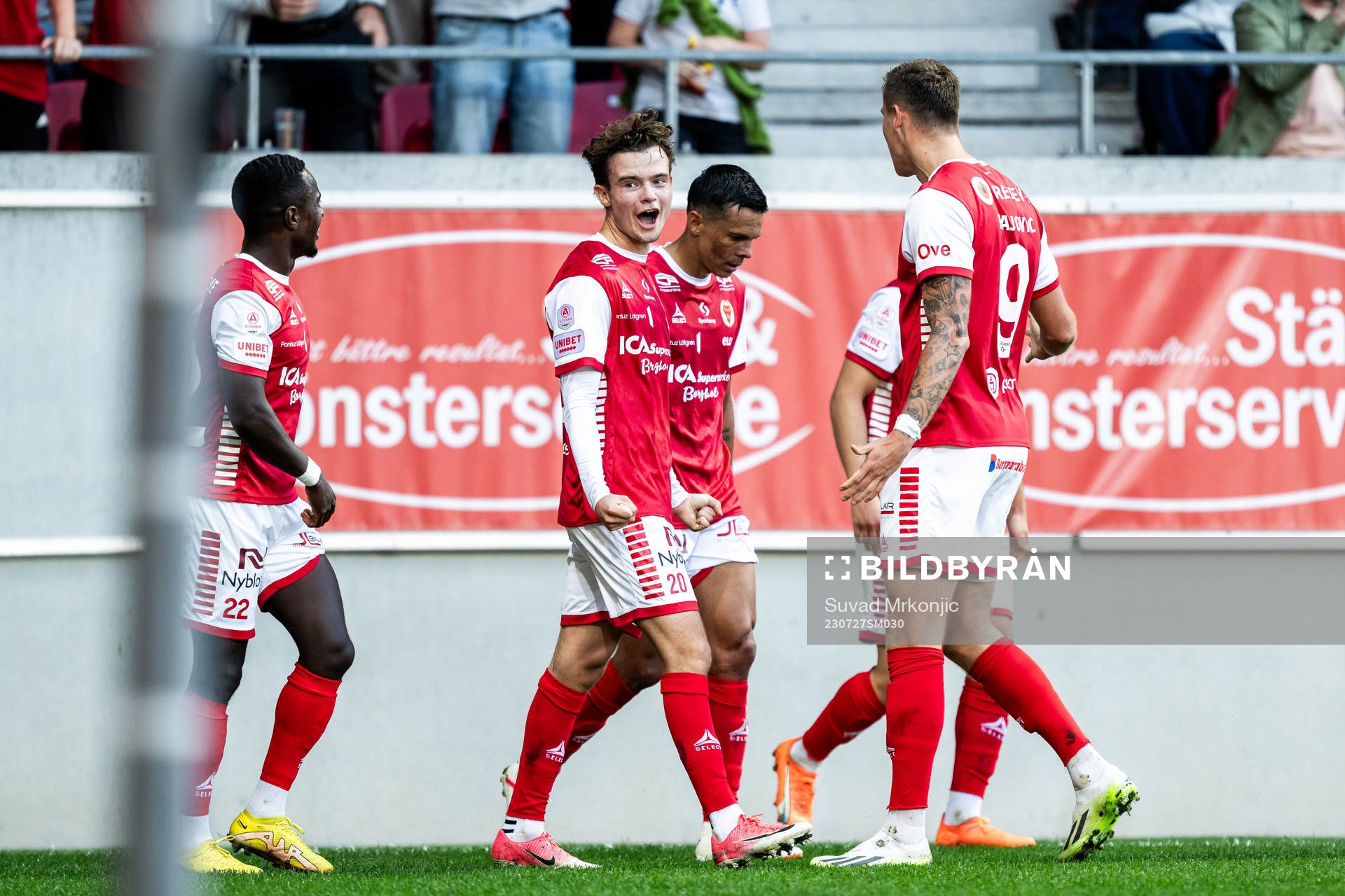 Jacob Trenskow of Kalmar celebrates with team after 1-0 during the UEFA Conference League between Kalmar and FC Pyunik on July 27, 2023 in Kalmar.