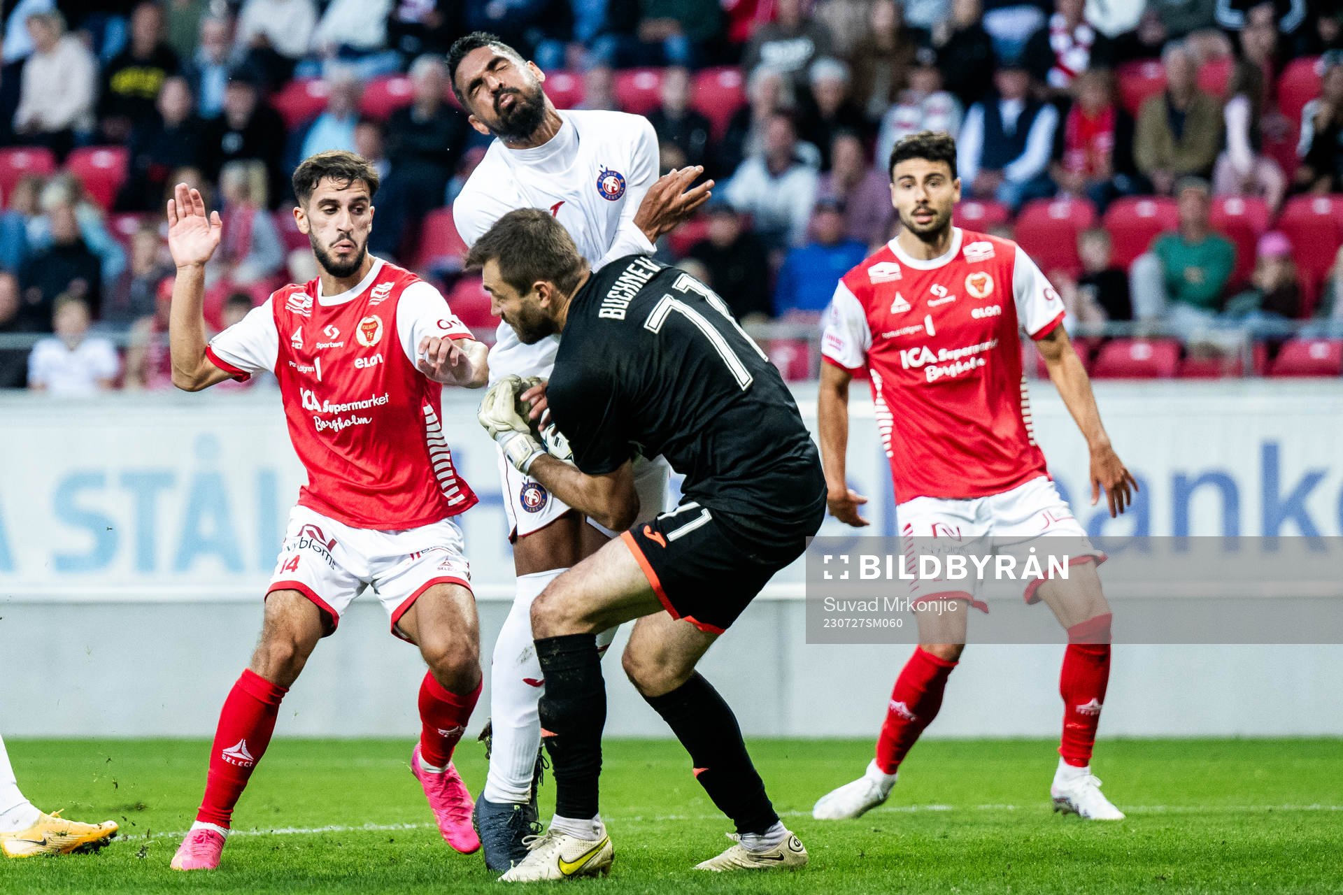 Noah Shamoun of Kalmar against Juan Bravo and goalkeeper