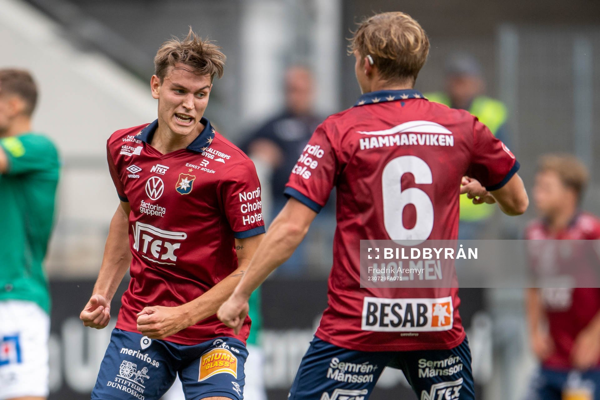 Örgrytes Noah Christoffersson jublar under fotbollsmatchen i Superettan mellan Örgryte och Brage den 29 juli 2023 i Göteborg. 